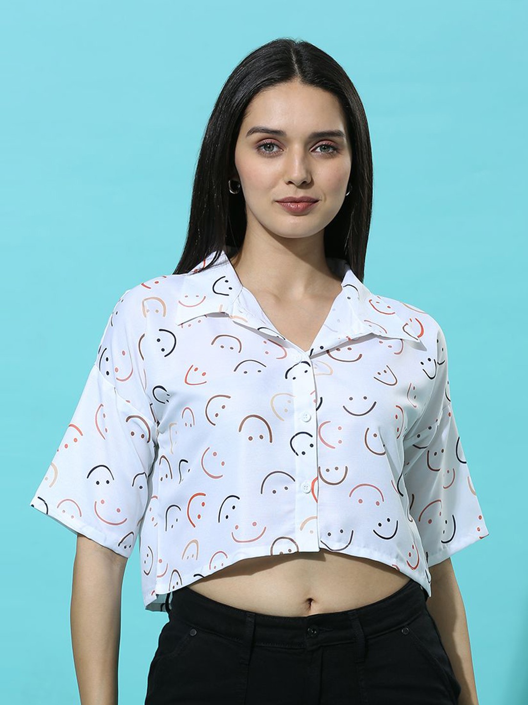 

HERE&NOW Printed Shirt Style Crop Top, White