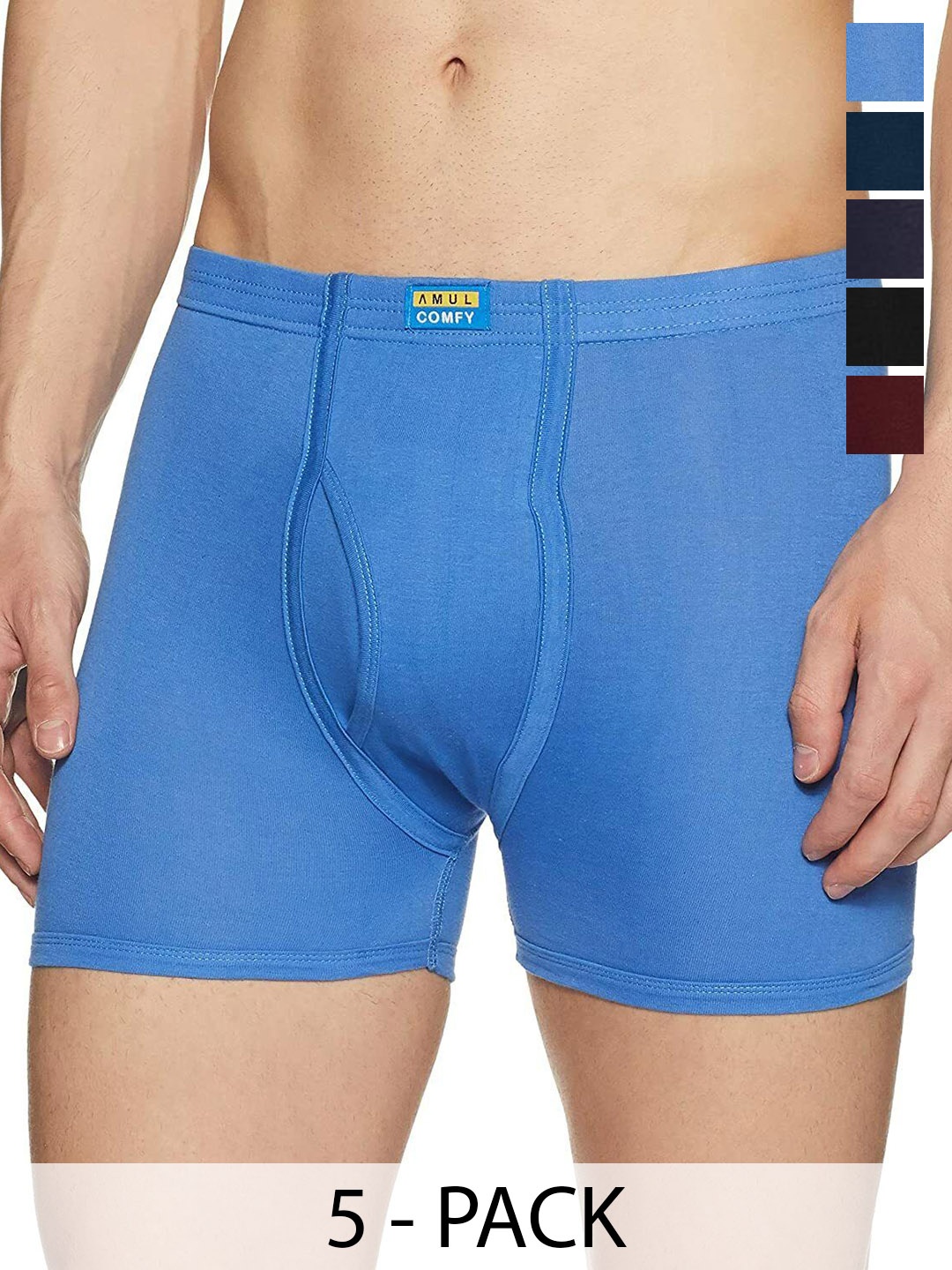 

AMUL COMFY Men Pack Of 5 Assorted Pure Cotton Trunks - Comfy-Plain-Trunk-IE-5-80, Blue