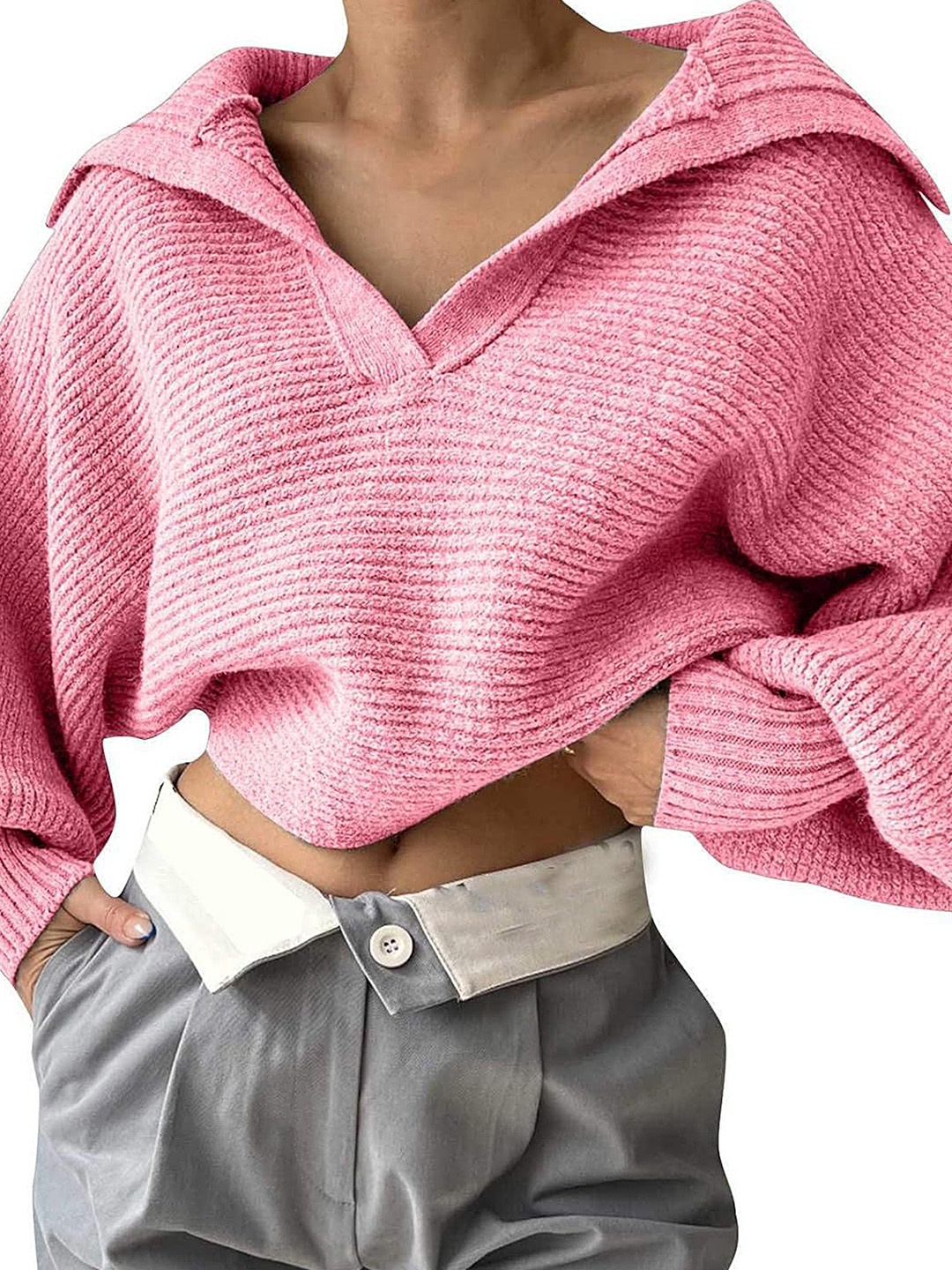 

LULU & SKY Women Shirt Collar Pullover Sweater, Pink