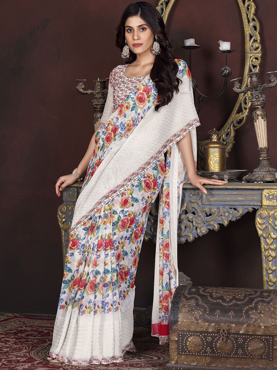 

Mitera Floral Printed Pure Georgette Saree, White