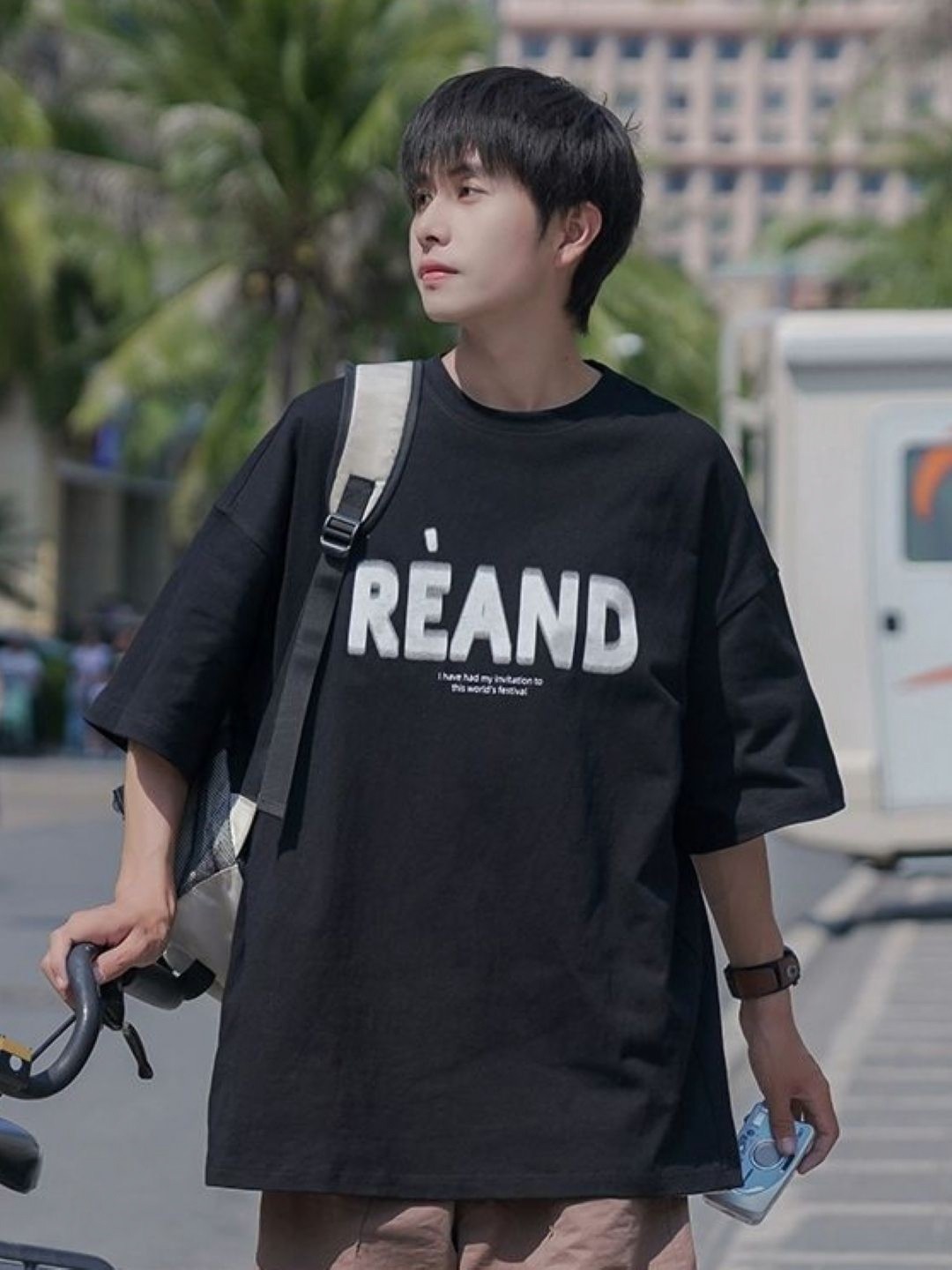 

HERE&NOW Men Typography Printed Round Neck Cotton Oversized T-shirt, Black