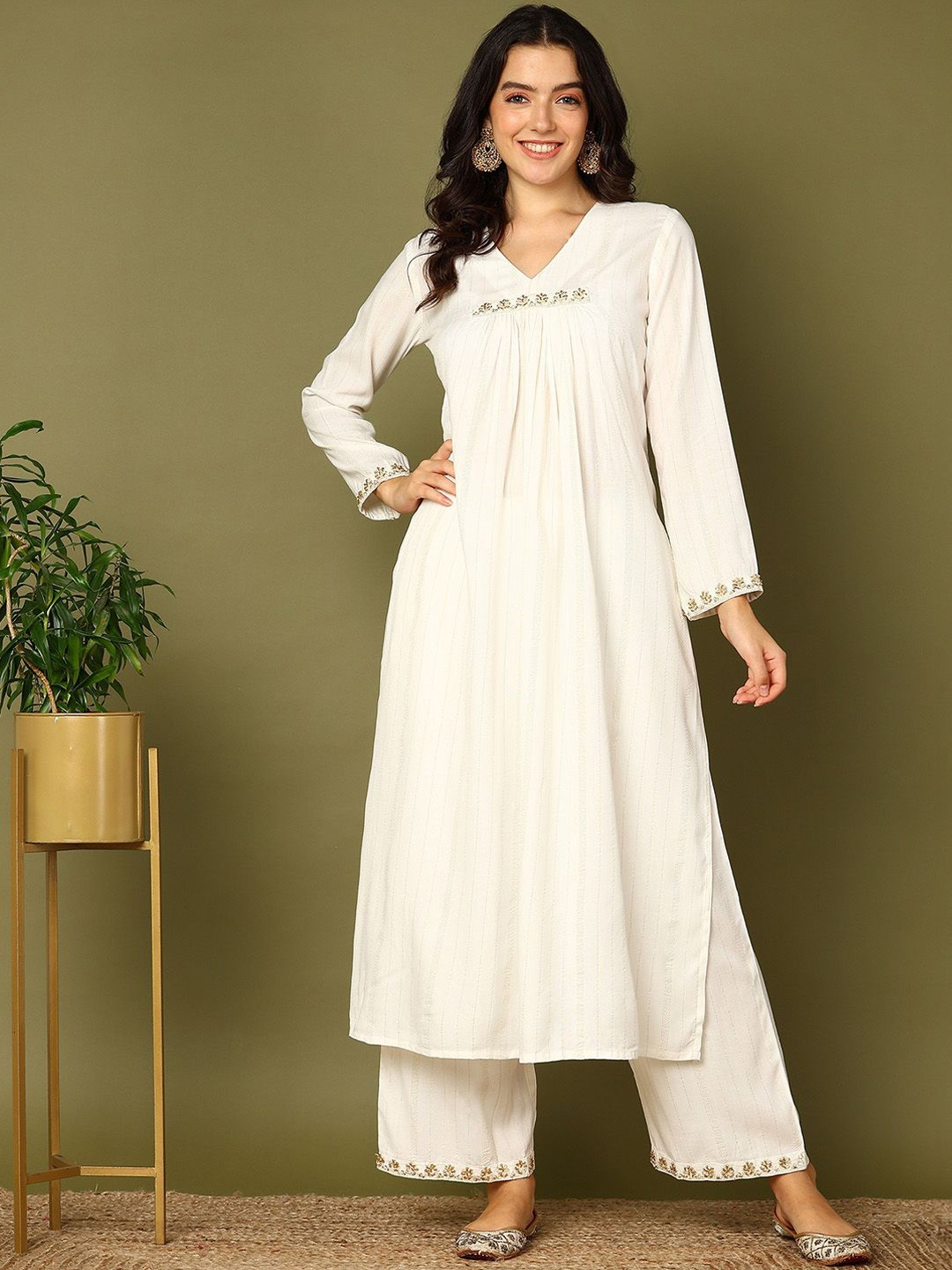 

HERE&NOW White Striped Thread Work Pleated A-Line Kurta with Palazzos