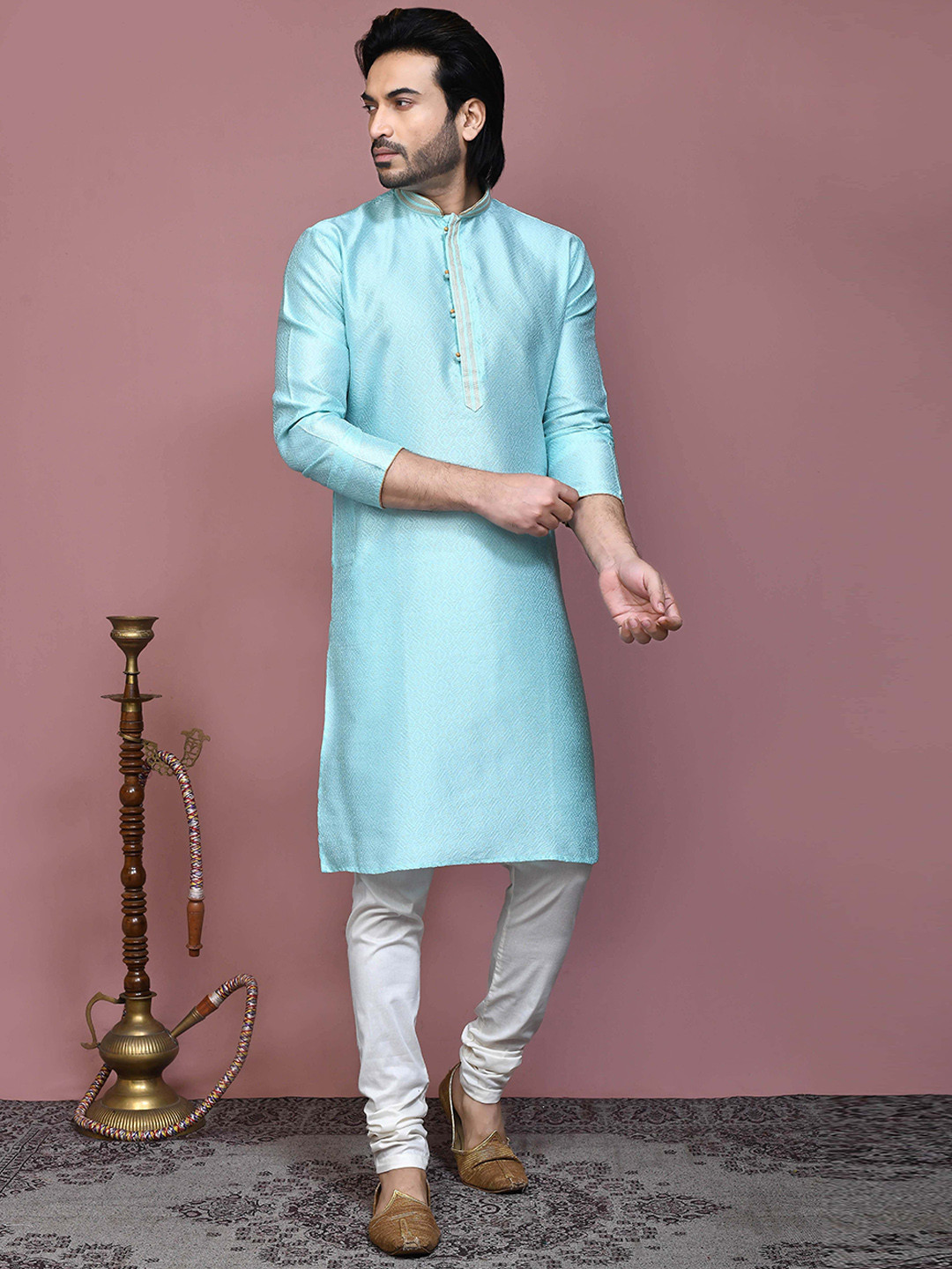 

RANAK Geometric Woven Design Mandarin Collar Long Sleeves Regular Straight Kurta, Sea green