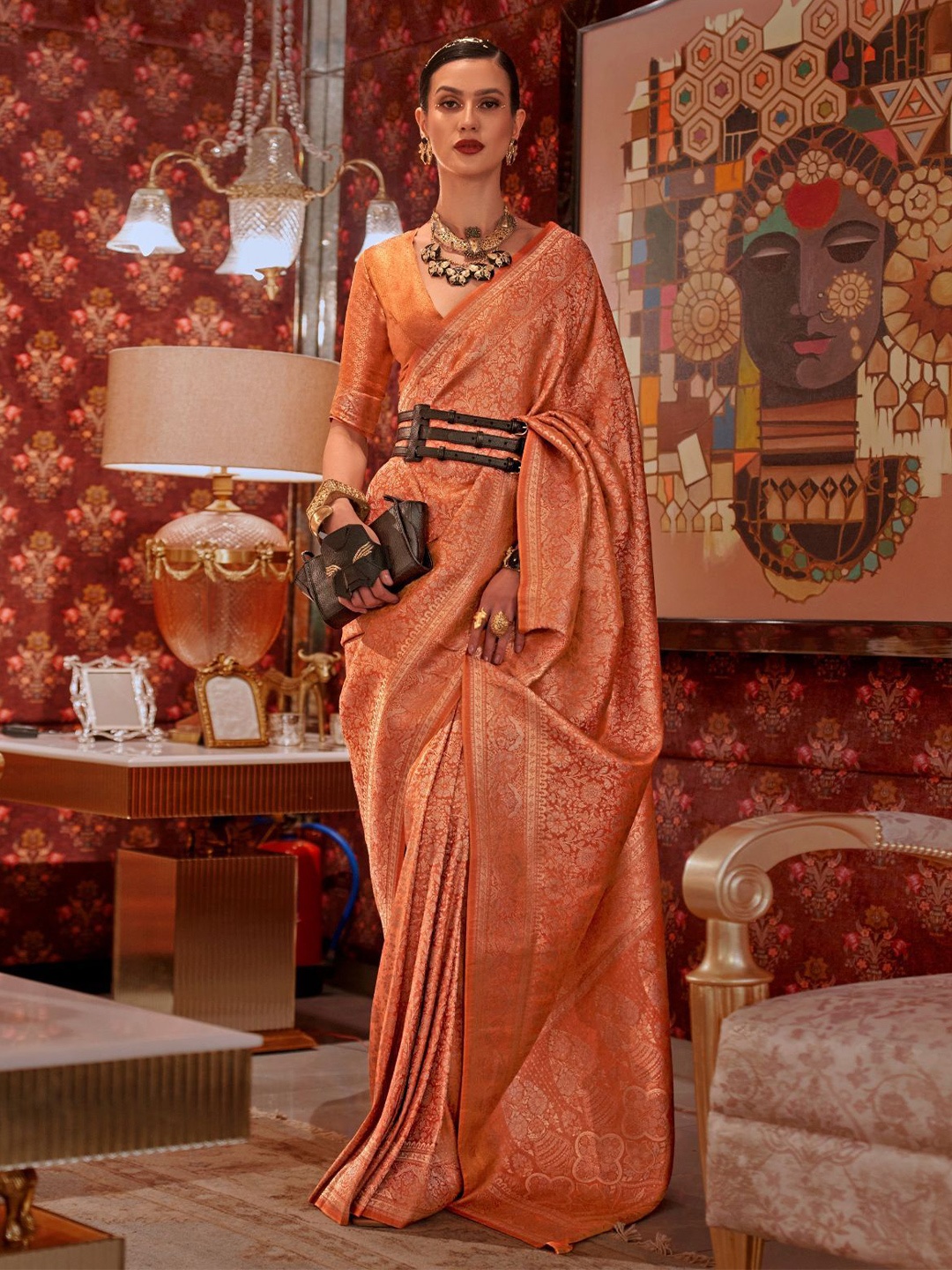 

ODETTE Ethnic Motifs Zari Silk Blend Saree, Orange