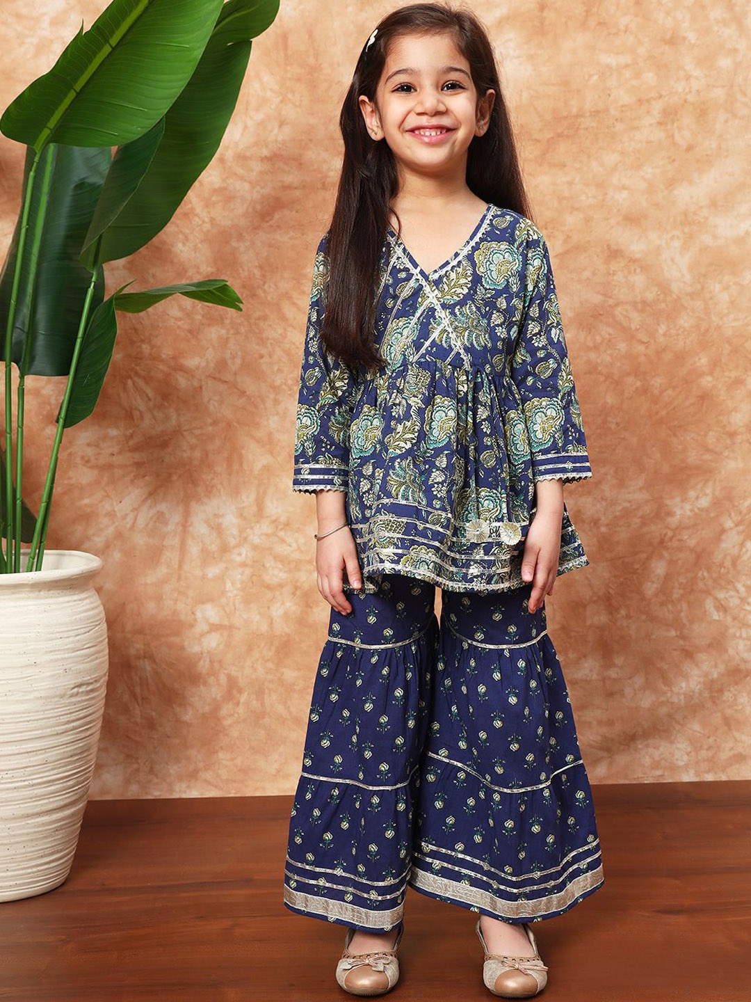 

Readiprint Girls Floral Printed Pleated Pure Cotton A-Line Kurti with Sharara, Blue