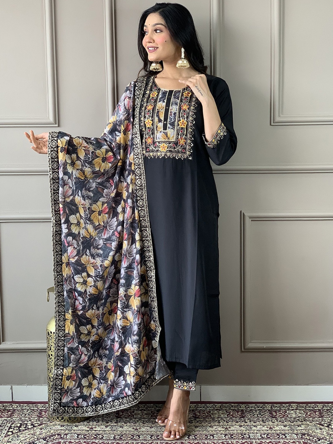 

HERE&NOW Floral Embroidered Chanderi Silk Straight Kurta with Pyjamas & Dupatta, Black