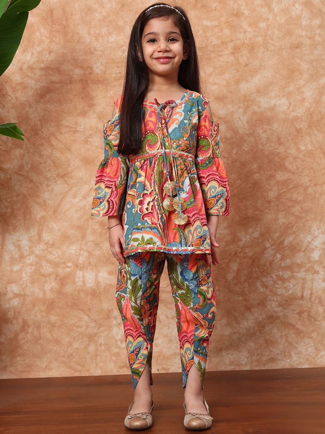 

Readiprint Girls Floral Printed Pleated Gotta Patti Pure Cotton Kurti With Dhoti, Peach