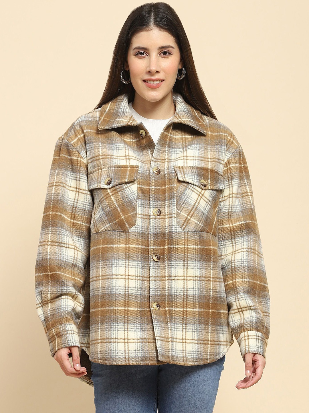

Global Republic Women Spread Collar Checked Casual Tailored Jacket, Brown