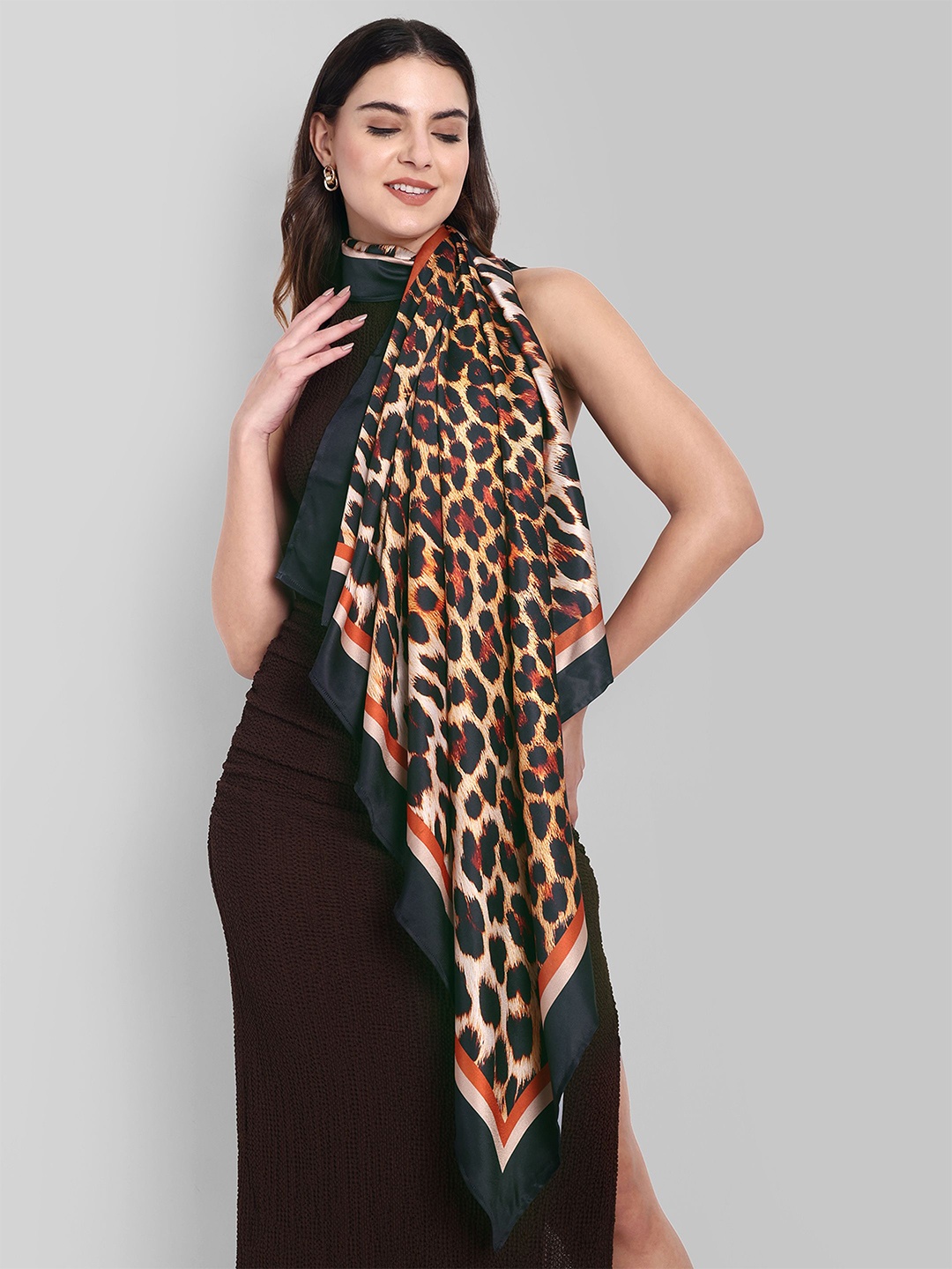 

Sarisp Women Animal Printed Satin Scarf, Black