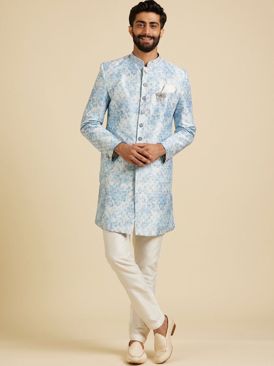 

Manyavar Ethnic Motifs Printed Mandarin Collar Straight Kurta With Trousers, Blue