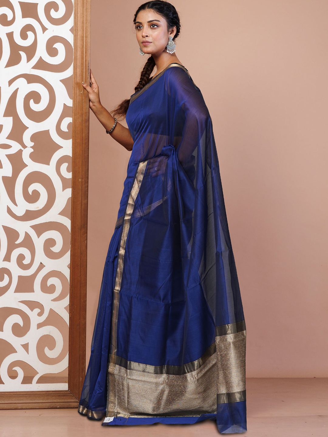 

Unnati Silks Zari Silk Cotton Handloom Maheshwari Saree, Navy blue