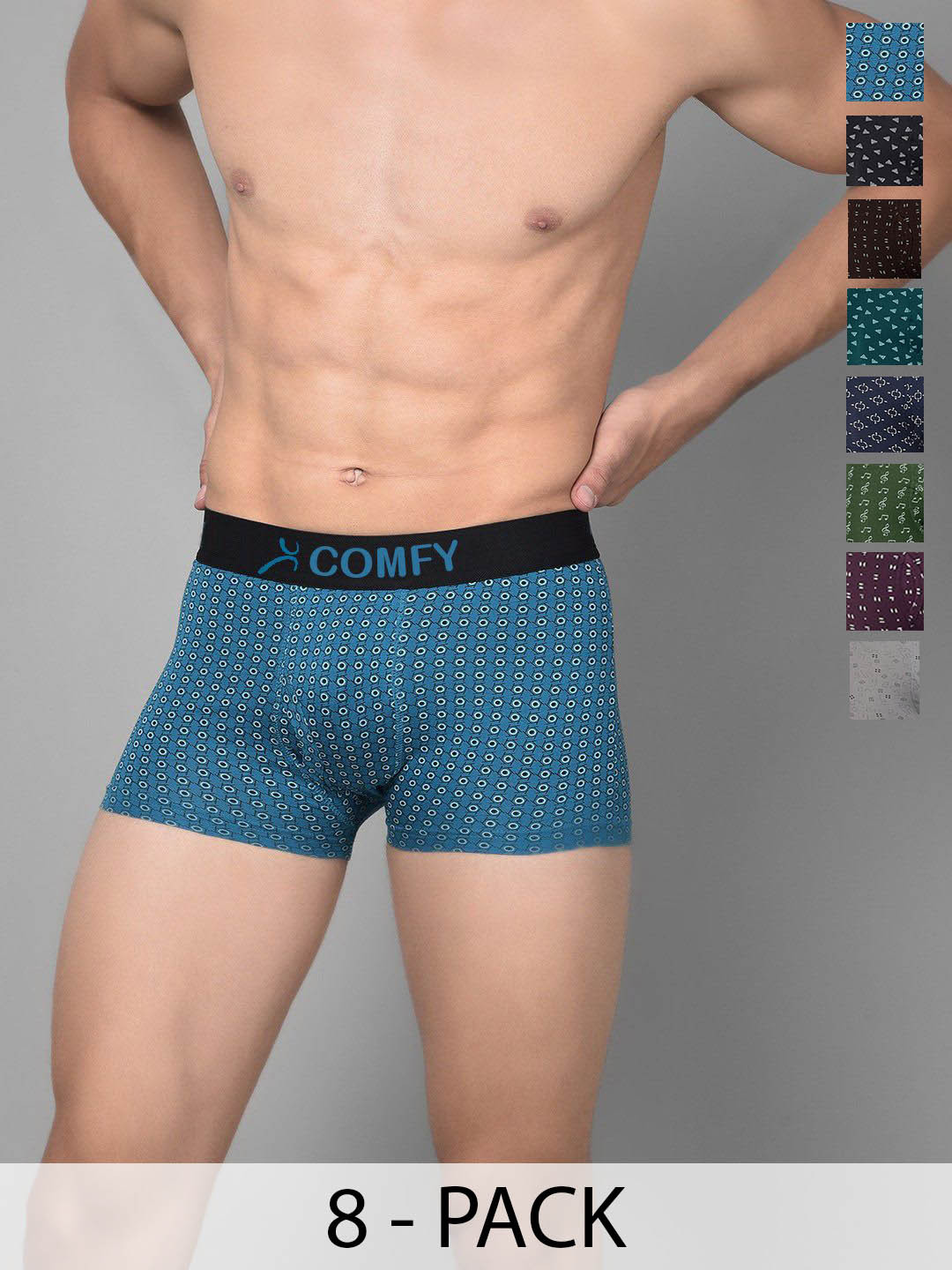 

AMUL COMFY Men Pack Of 8 Assorted Pure Cotton Trunks - Comfy-Printed-Trunk-OE-8-95, Blue