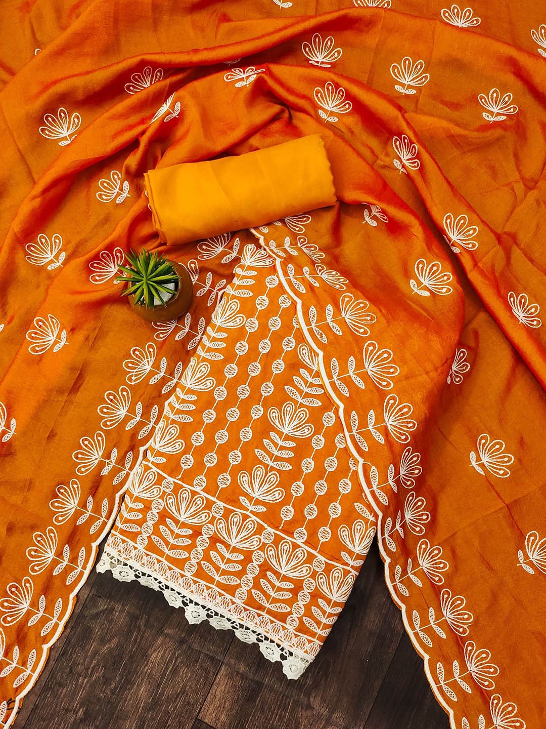 

APNISHA Floral Embroidered Thread Work Pure Silk Unstitched Dress Material, Orange