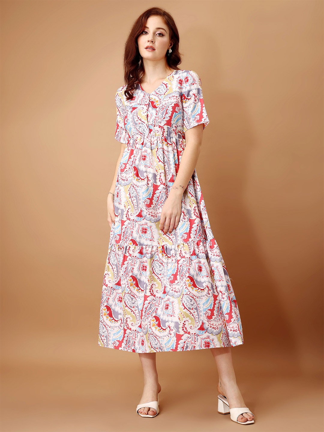 

DressBerry Women Cotton V-Neck Ethnic Motifs Printed Fit & Flare Midi Dress, Pink