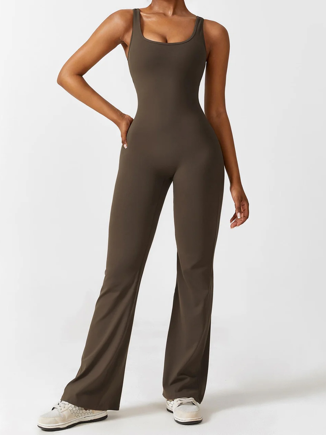 

Cheekee Women Brown V-Back Flared Jumpsuit, Coffee brown