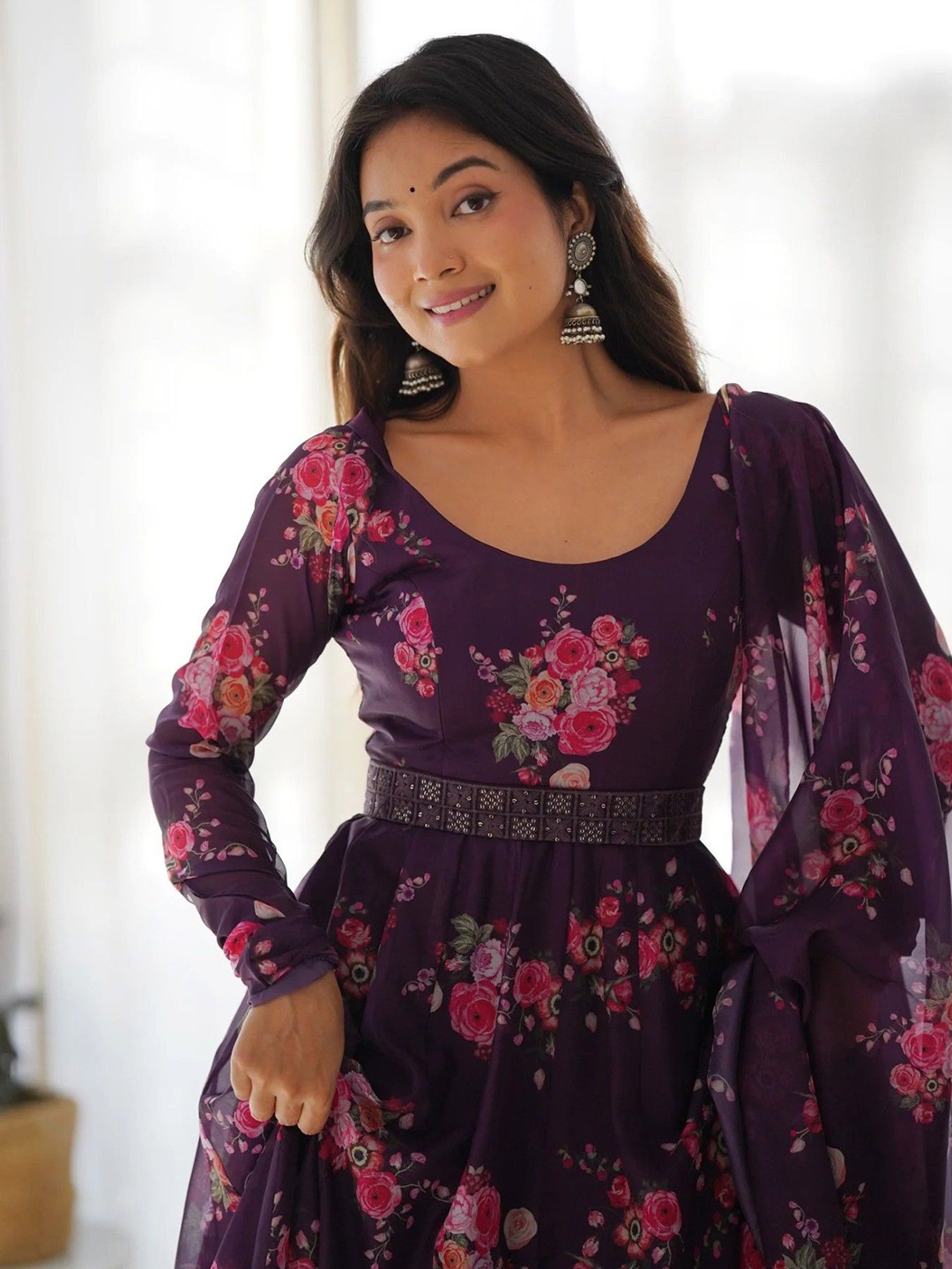 

Femvy Women Floral Printed Fit And Flare Ethnic Dress With Dupatta And Belt, Purple