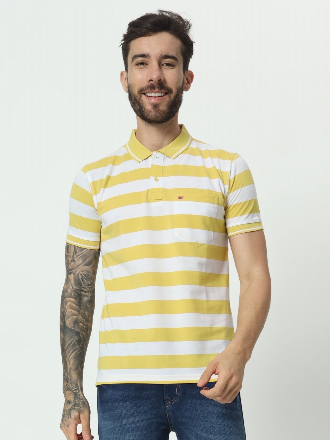 

TAB91 Men Striped Polo Collar Cotton T-shirt, Yellow