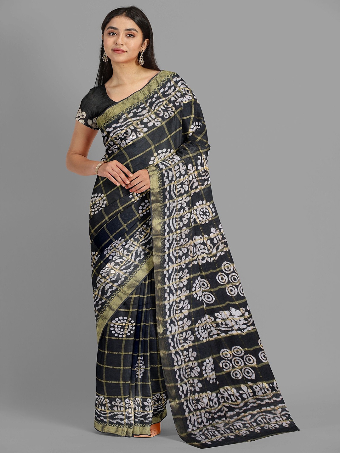 

The Chennai Silks Checked Woven Design Pure Cotton Fusion Muga Saree, Black