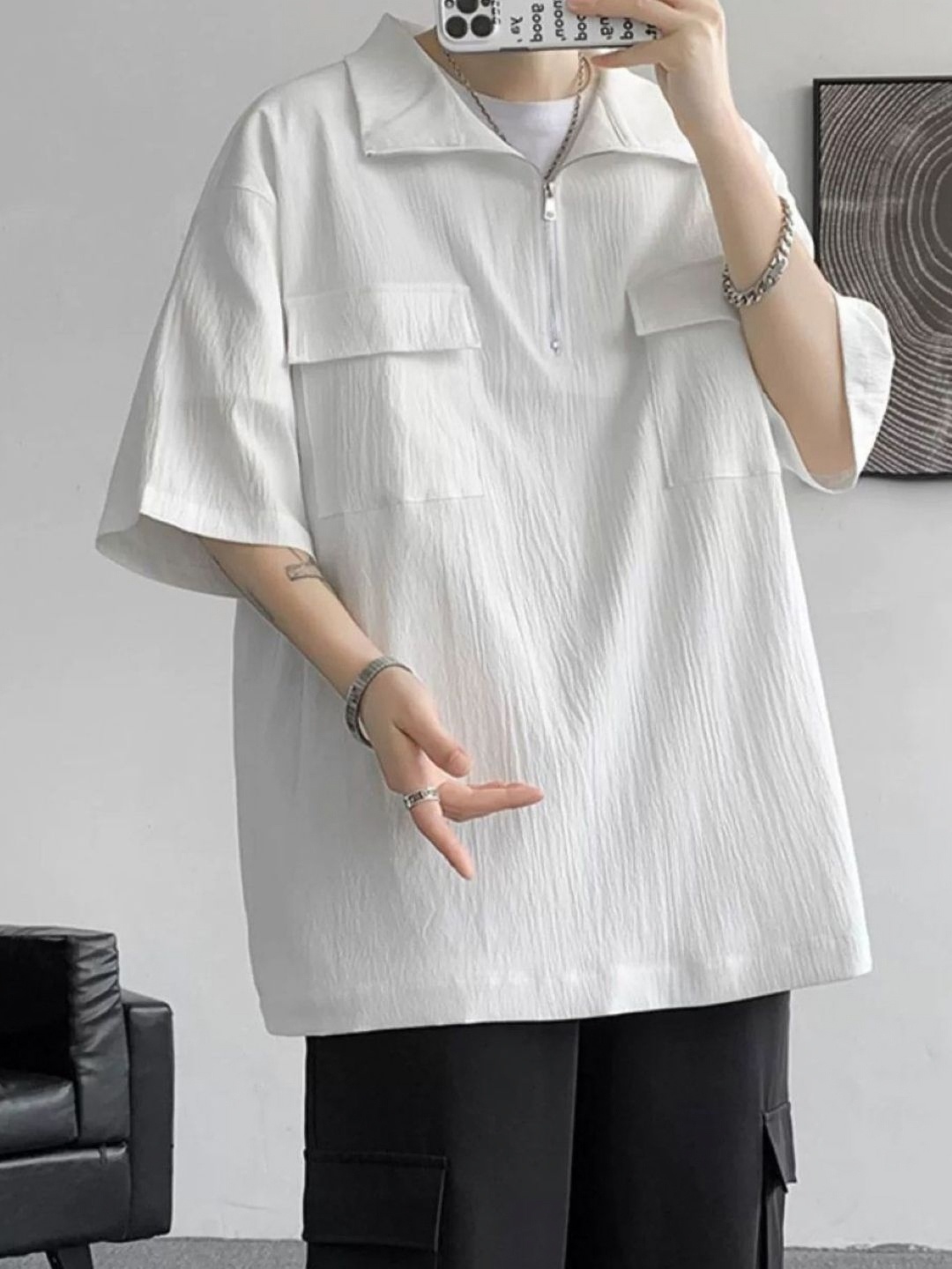 

HERE&NOW Men Self Design High Neck Oversized T-shirt, White