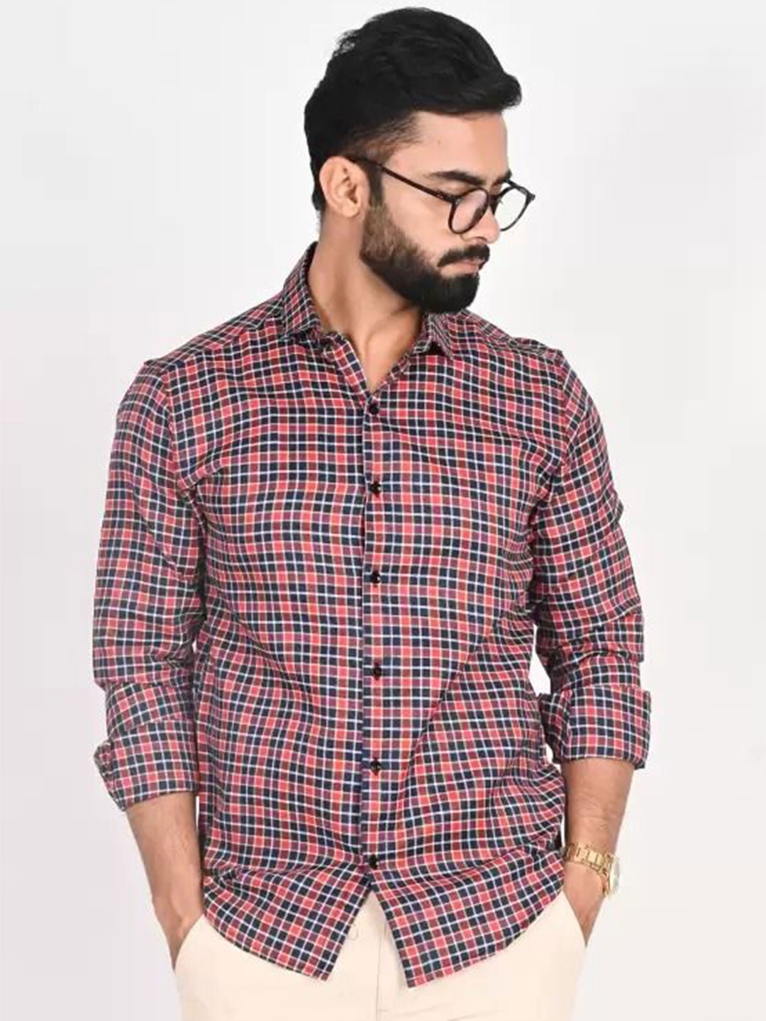 

Tanip Men Spread Collar Checked Cotton Casual Shirt, Peach