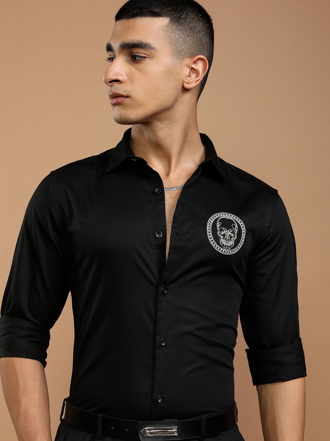 

KETCH Men Spread Collar Solid Cotton Slim Fit Casual Shirt, Black