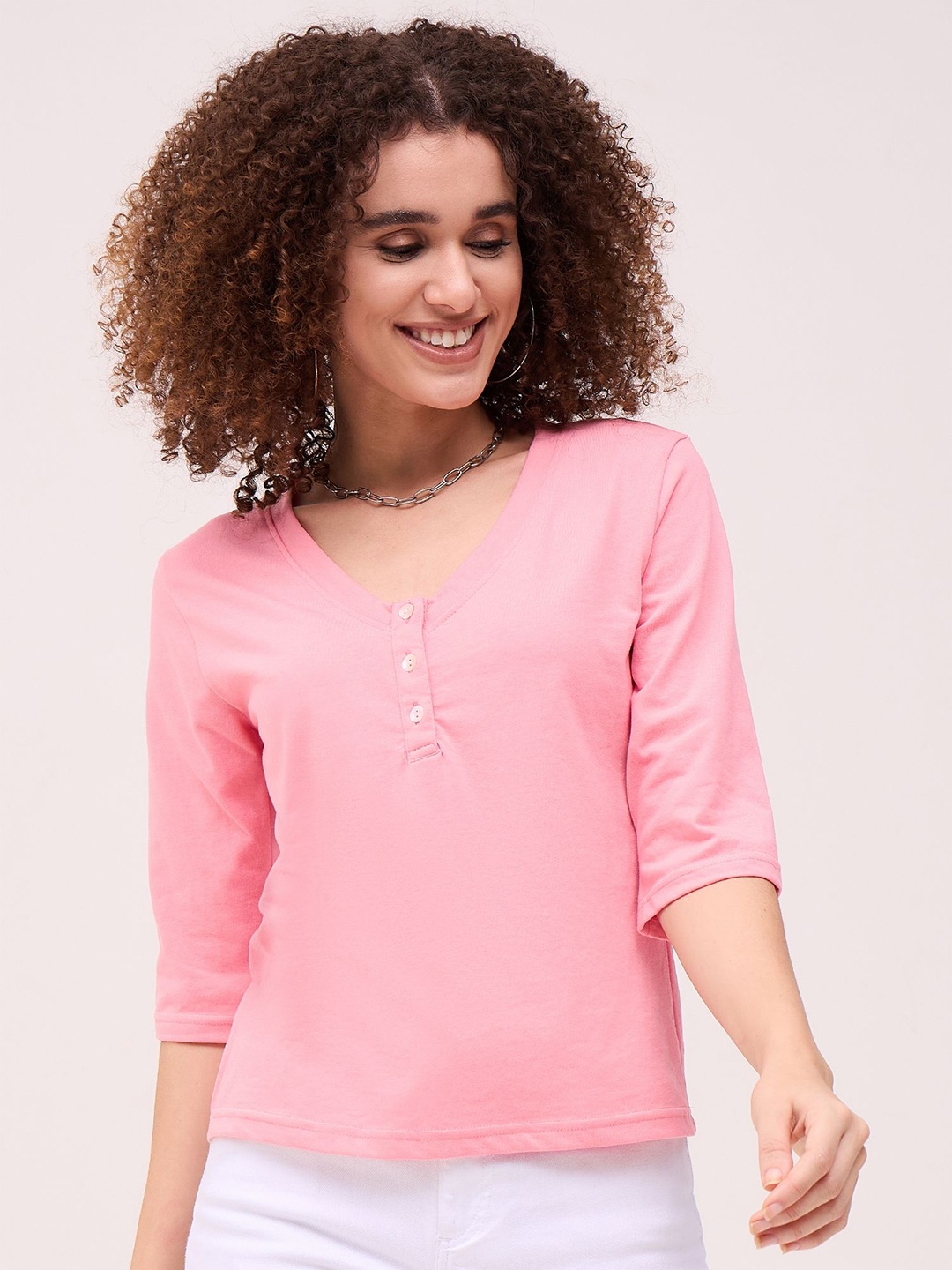 

Mayra Women Solid V-Neck Cotton T-shirt, Pink