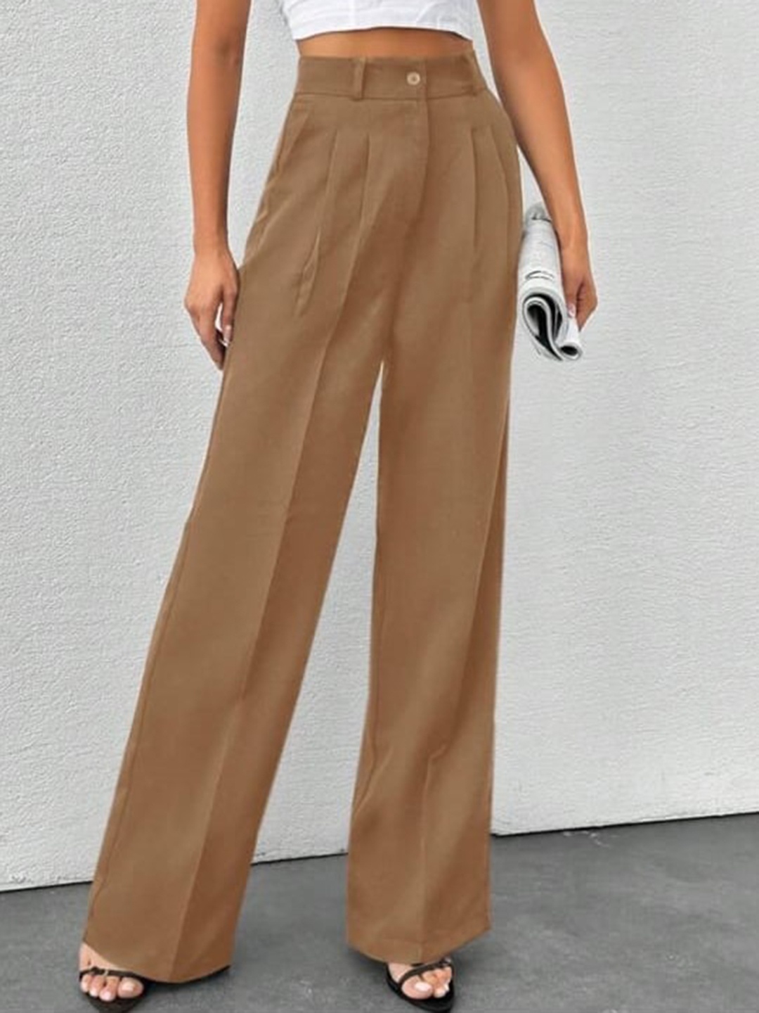 

Next One Women Smart High-Rise Easy Wash Pleated Korean Pants, Brown