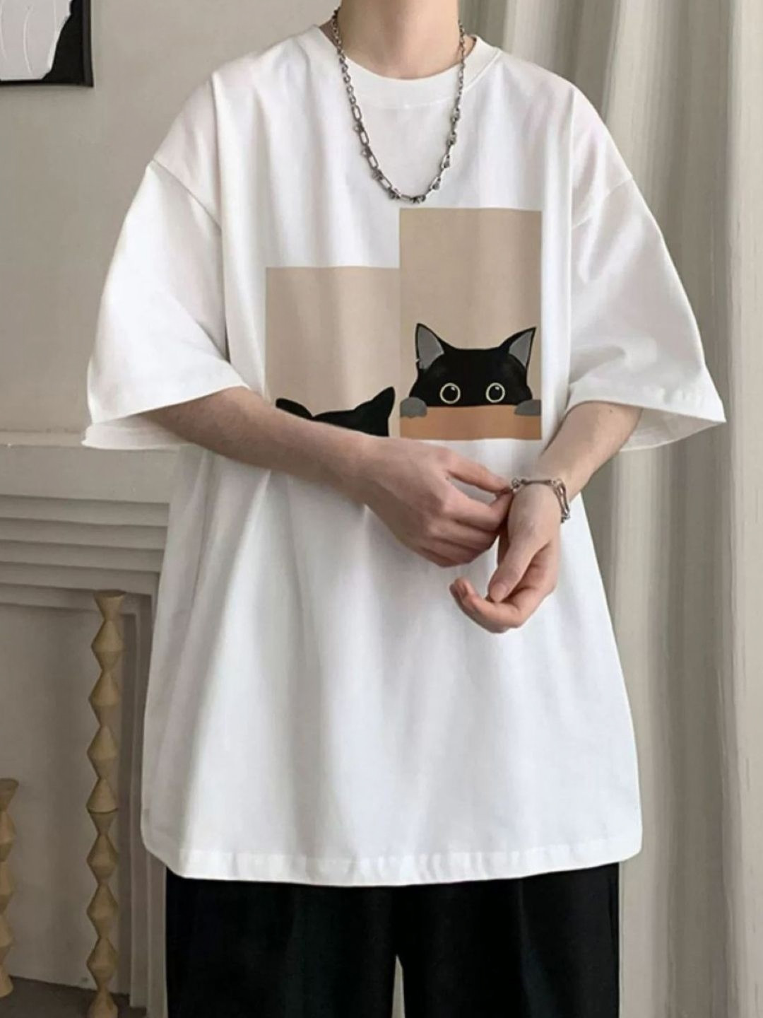 

HERE&NOW Men Graphic Printed Round Neck Cotton Oversized T-shirt, White