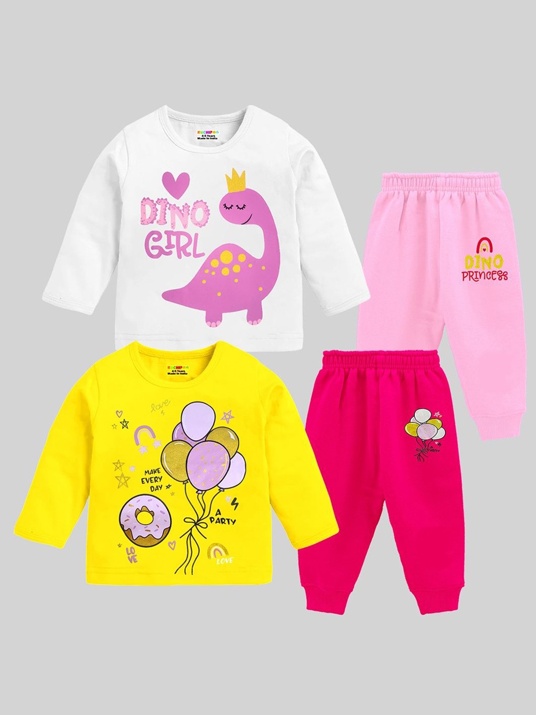

KUCHIPOO Girls Pack Of 2 Printed Round Long Sleeves T-Shirt With Jogger, White