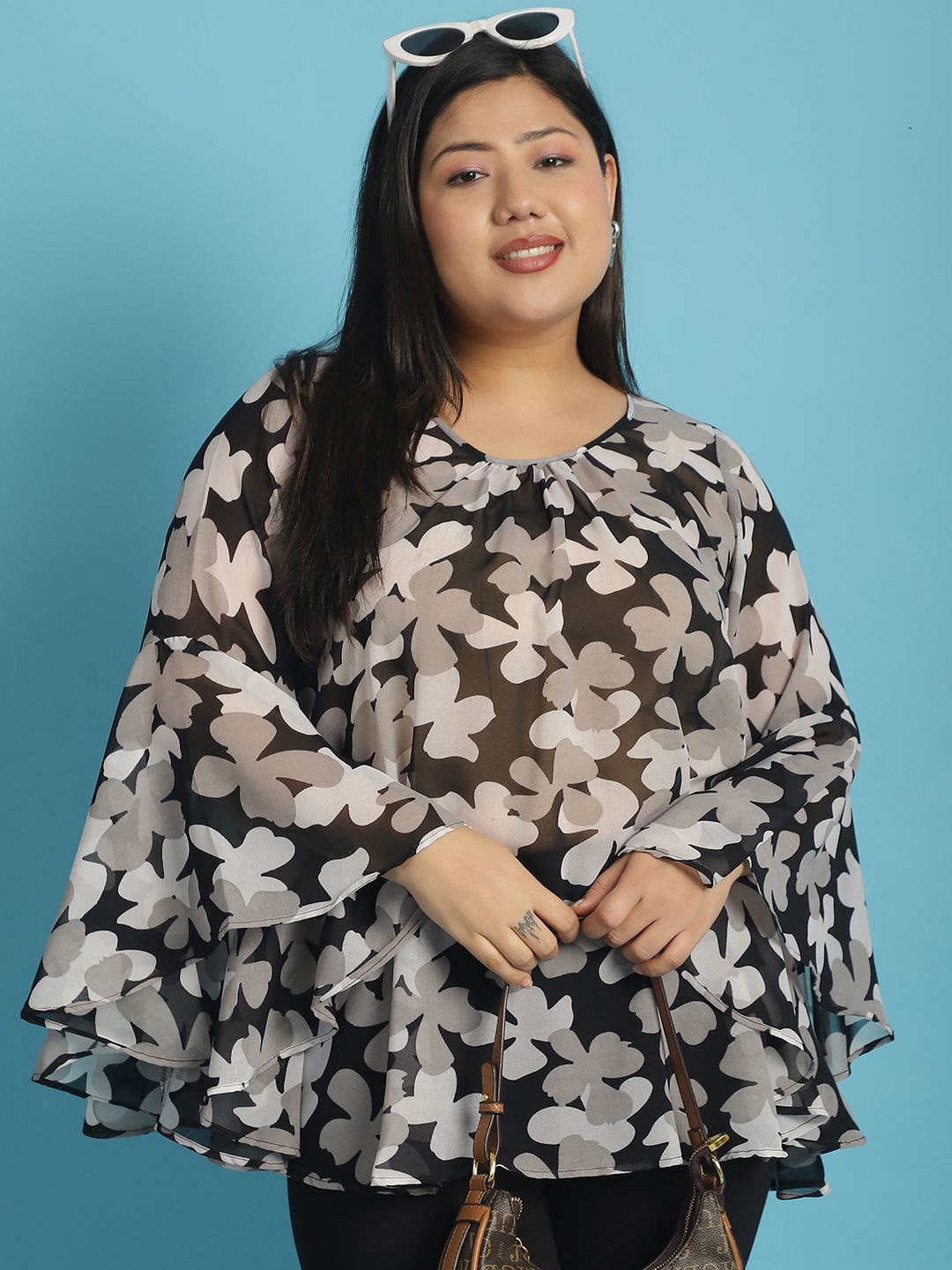 

theRebelinme Women Plus Size Floral Printed Bell Sleeve Top, Black
