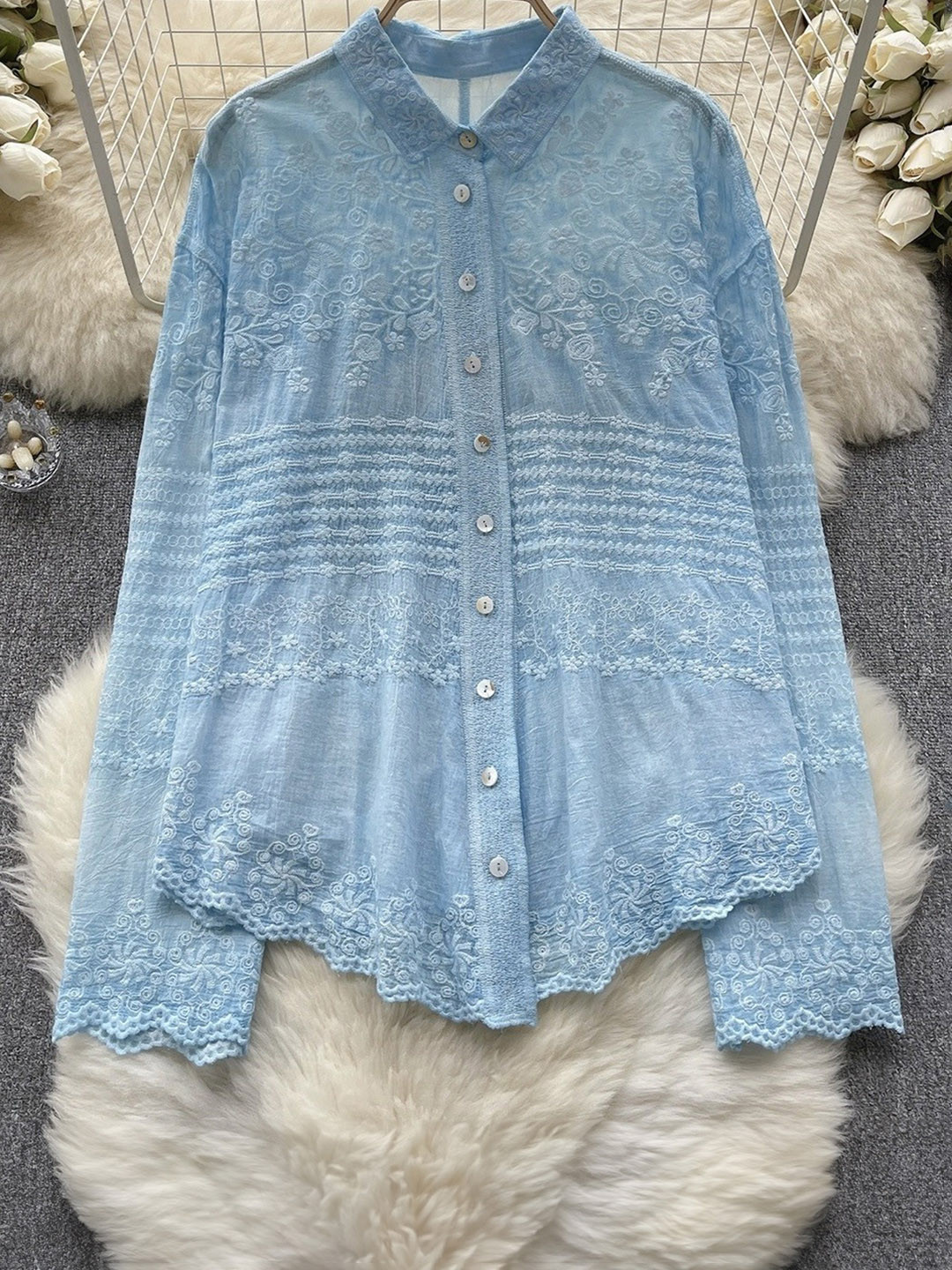 

LULU & SKY Mandarin Collar Shirt Style Top, Blue