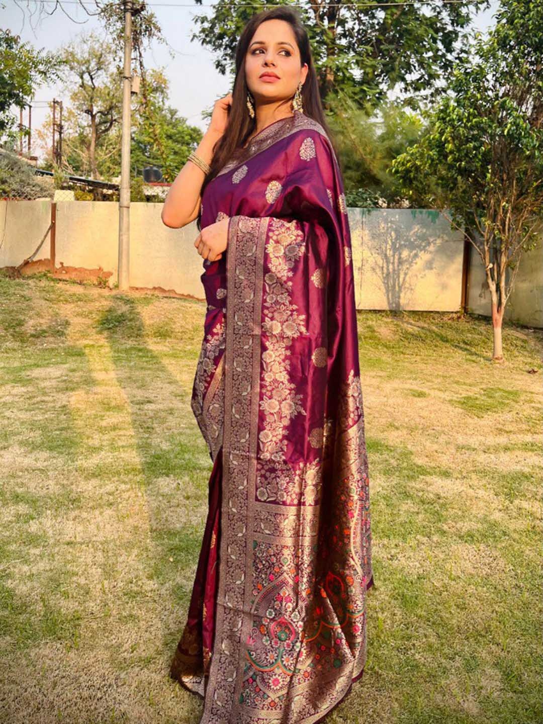 

Visit Wear Ethnic Motifs Woven Design Zari Pure Silk Banarasi Saree, Purple