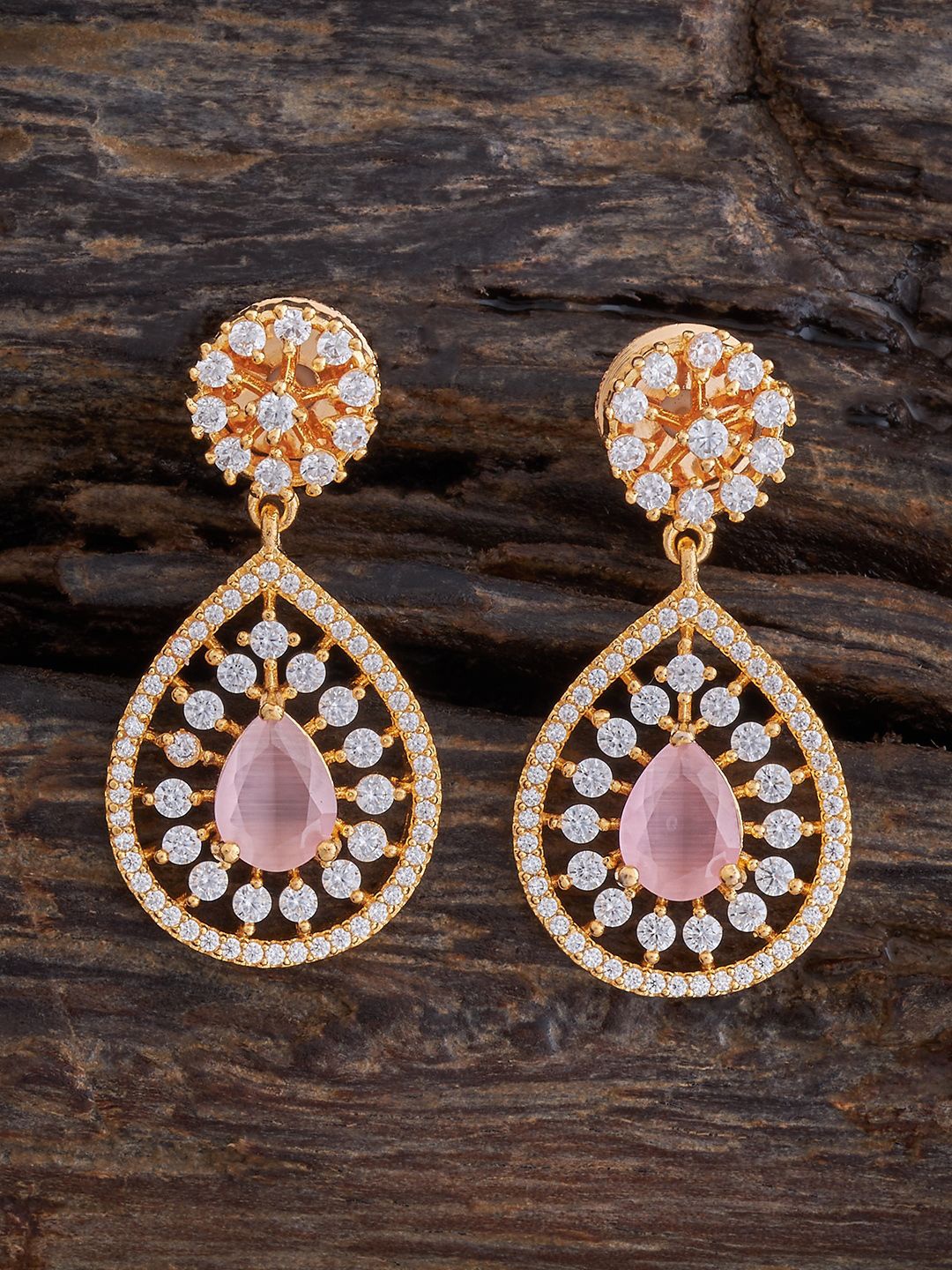 

Kushal's Fashion Jewellery Gold-Plated Zircon Studded Teardrop Shaped Drop Earrings