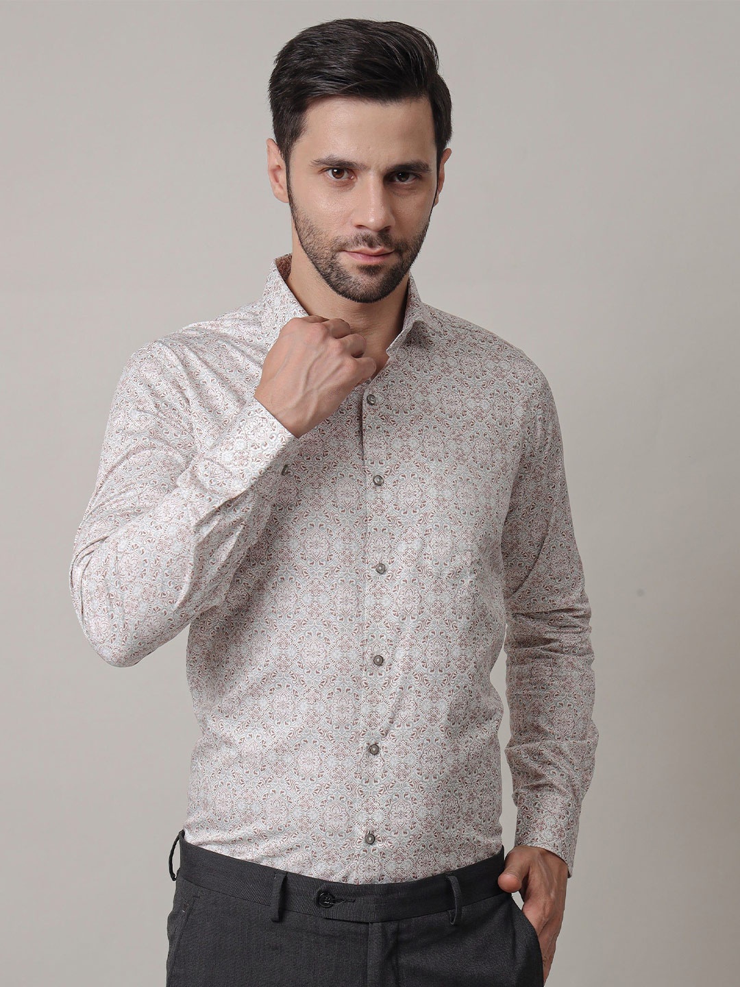 

John Philips Men India Slim Spread Collar Ethnic Motifs Printed Cotton Formal Shirt, White