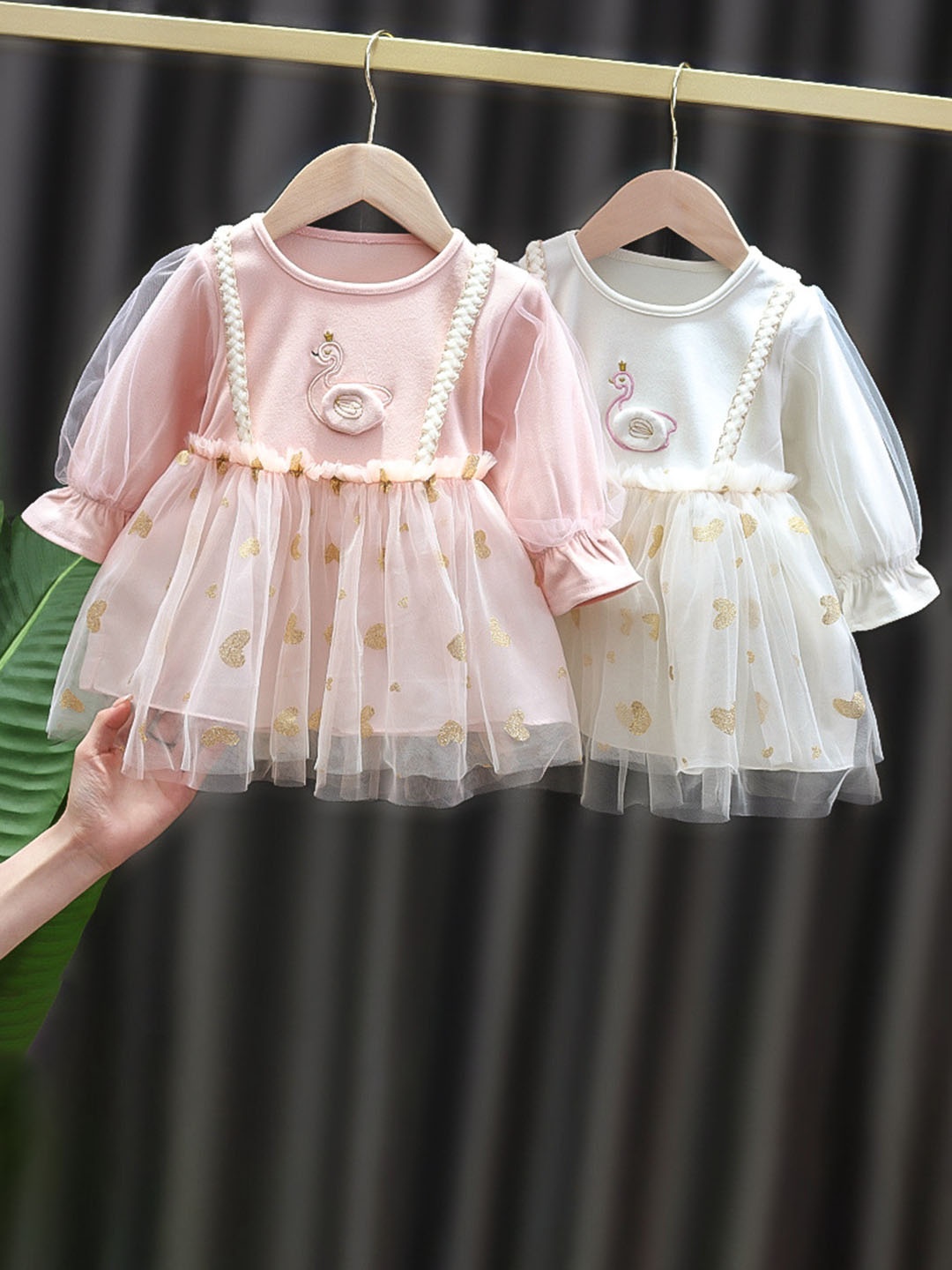 

YK Girls Pack of 2 Puff Sleeve Fit & Flare Dress, Beige