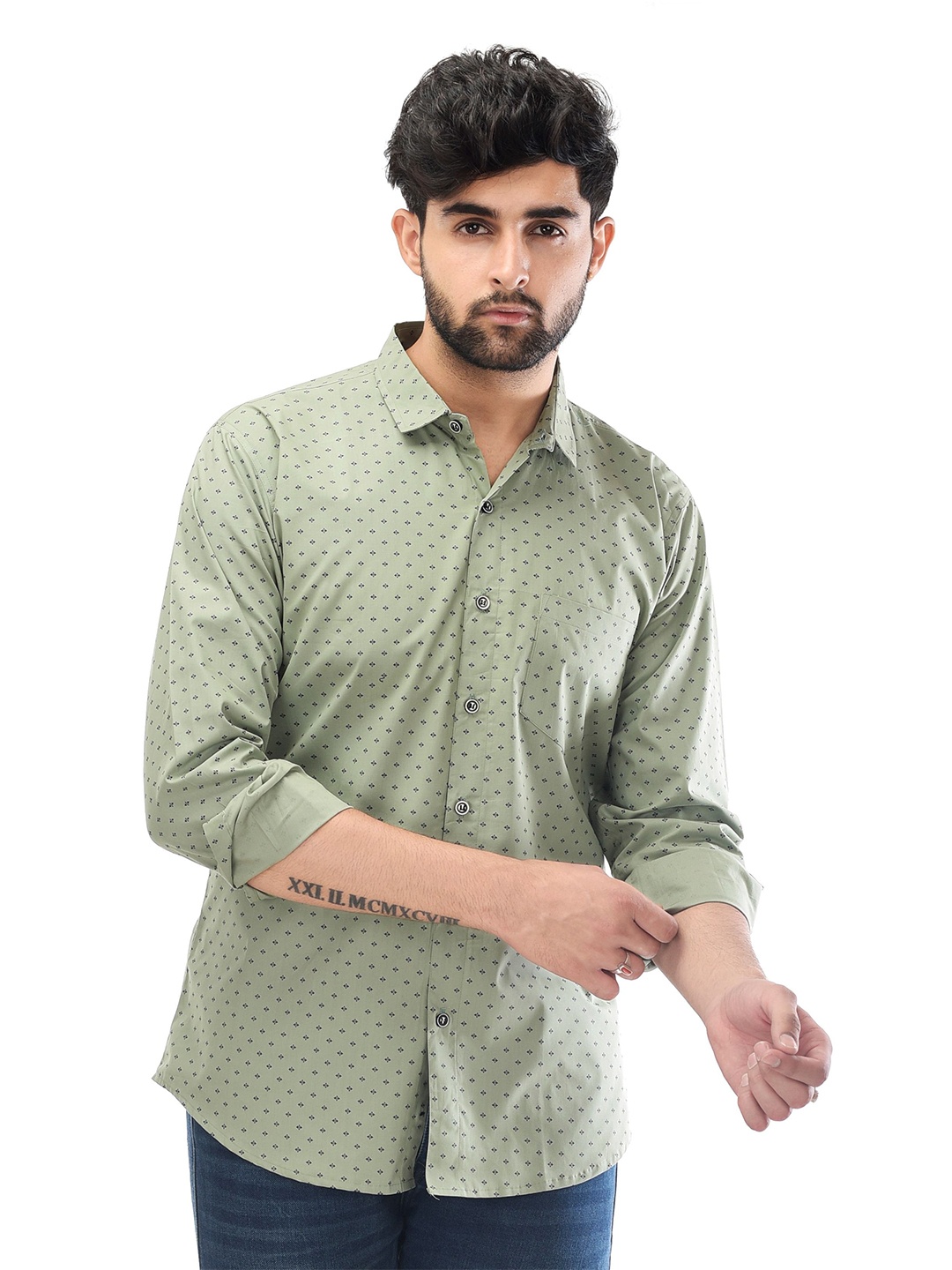 

Tanip Men Spread Collar Micro Ditsy Printed Cotton Casual Shirt, Green