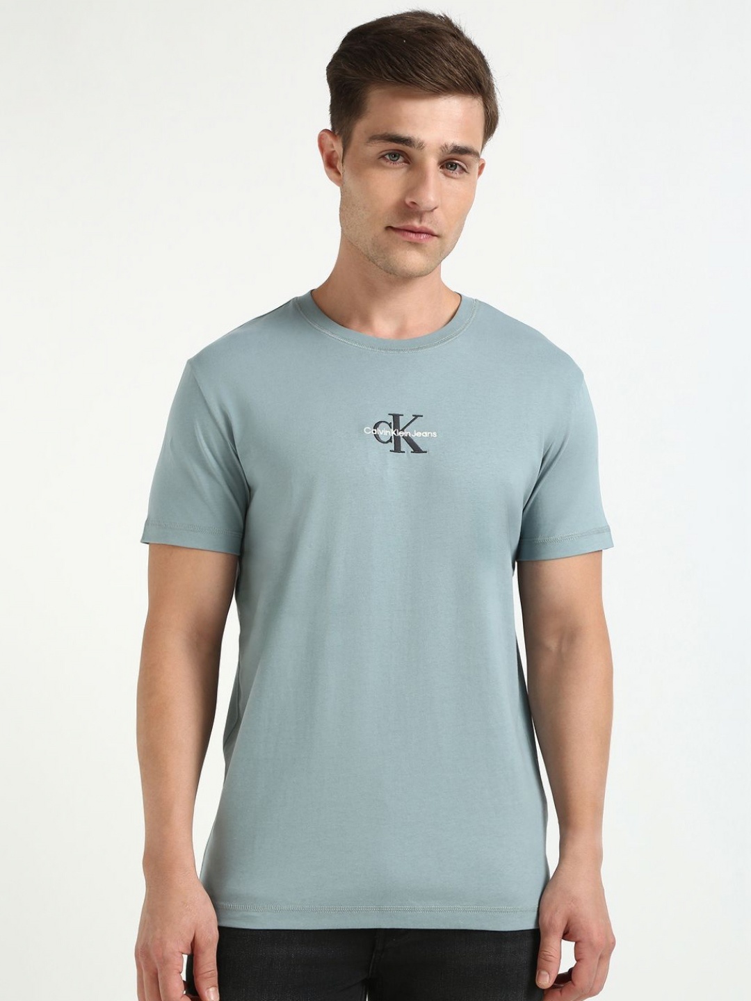 

Calvin Klein Jeans Men Brand Logo Printed Round Neck Cotton T-shirt, Blue