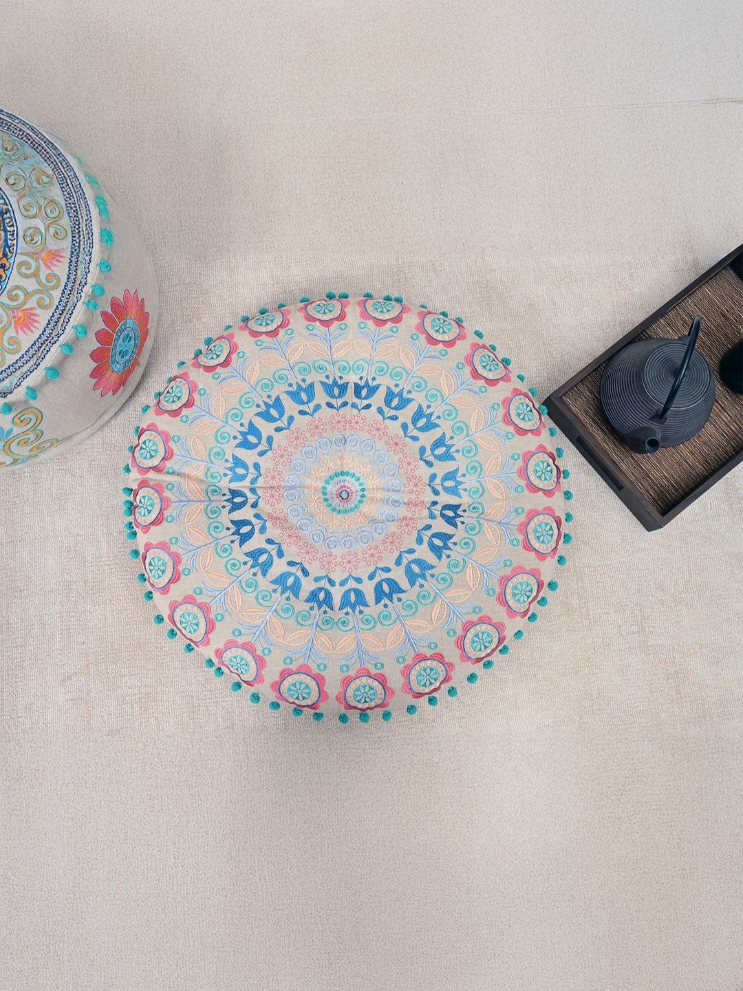 

Decoghar Pink & Blue Printed Embroidered Cotton Floor Cushion