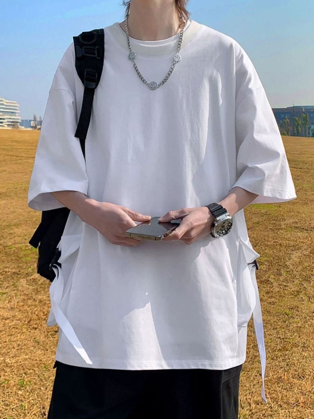 

HERE&NOW Men Solid Round Neck Cotton Oversized T-shirt, White