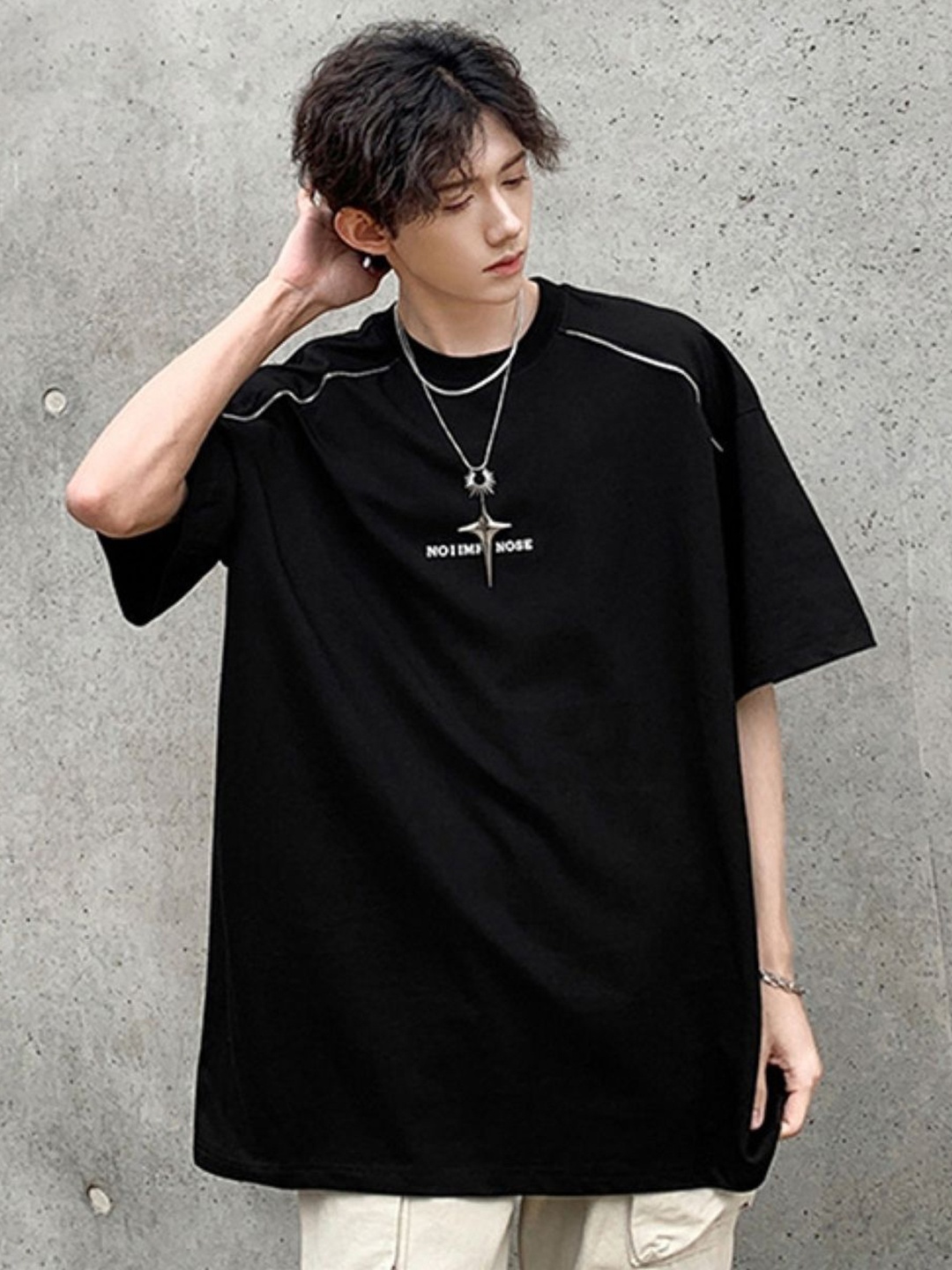 

HERE&NOW Men Typography Printed Round Neck Cotton Oversized T-shirt, Black