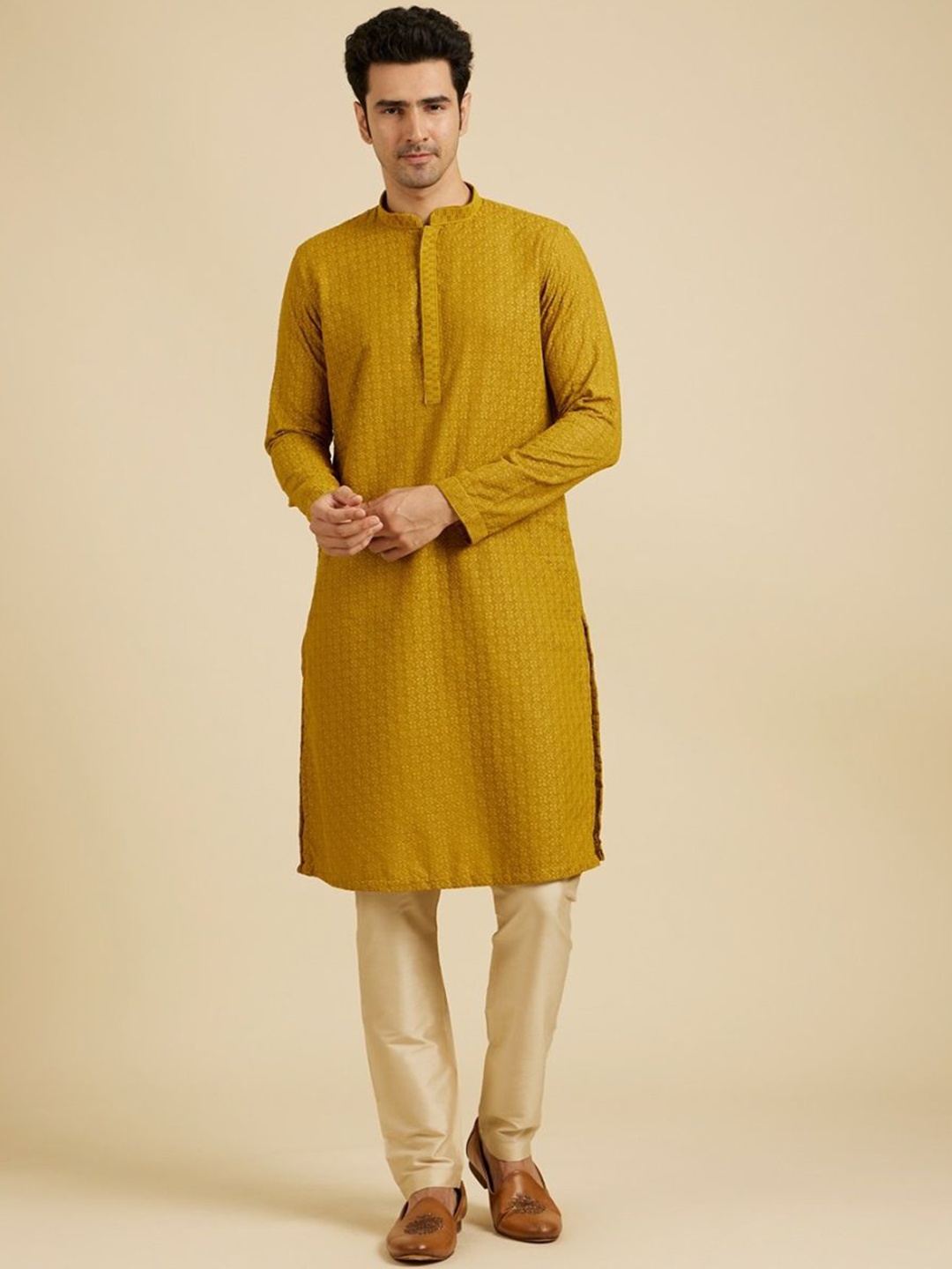 

Manyavar Mandarin Collar Floral Embroidered Chikankari Straight Kurta with Pyjama, Mustard