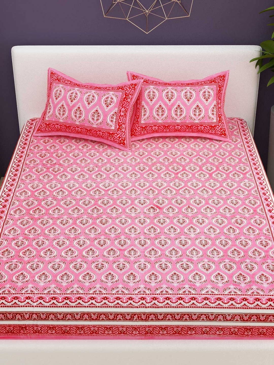 

Adwitiya Pink & White Ethnic Motifs 200 TC Pure Cotton Queen Bedsheet Set 2.28 m x 2.74 m