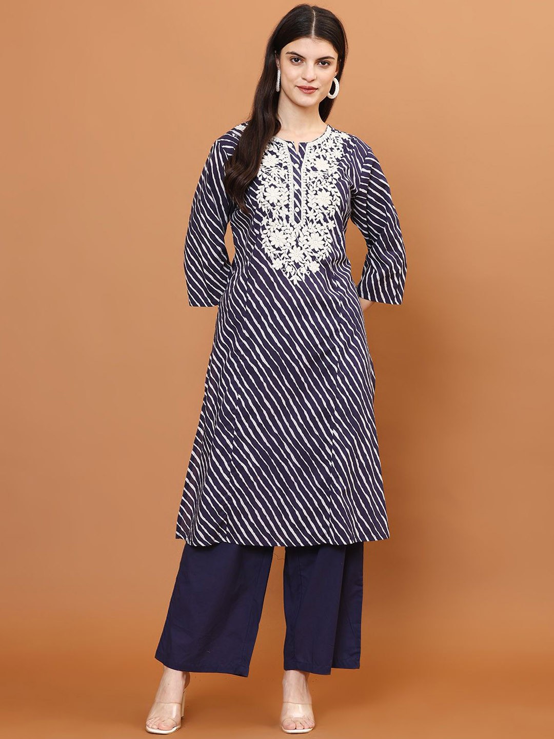

Meena Bazaar Leheriya Printed Round Neck Regular Thread Work Kurta With Palazzo, Navy blue