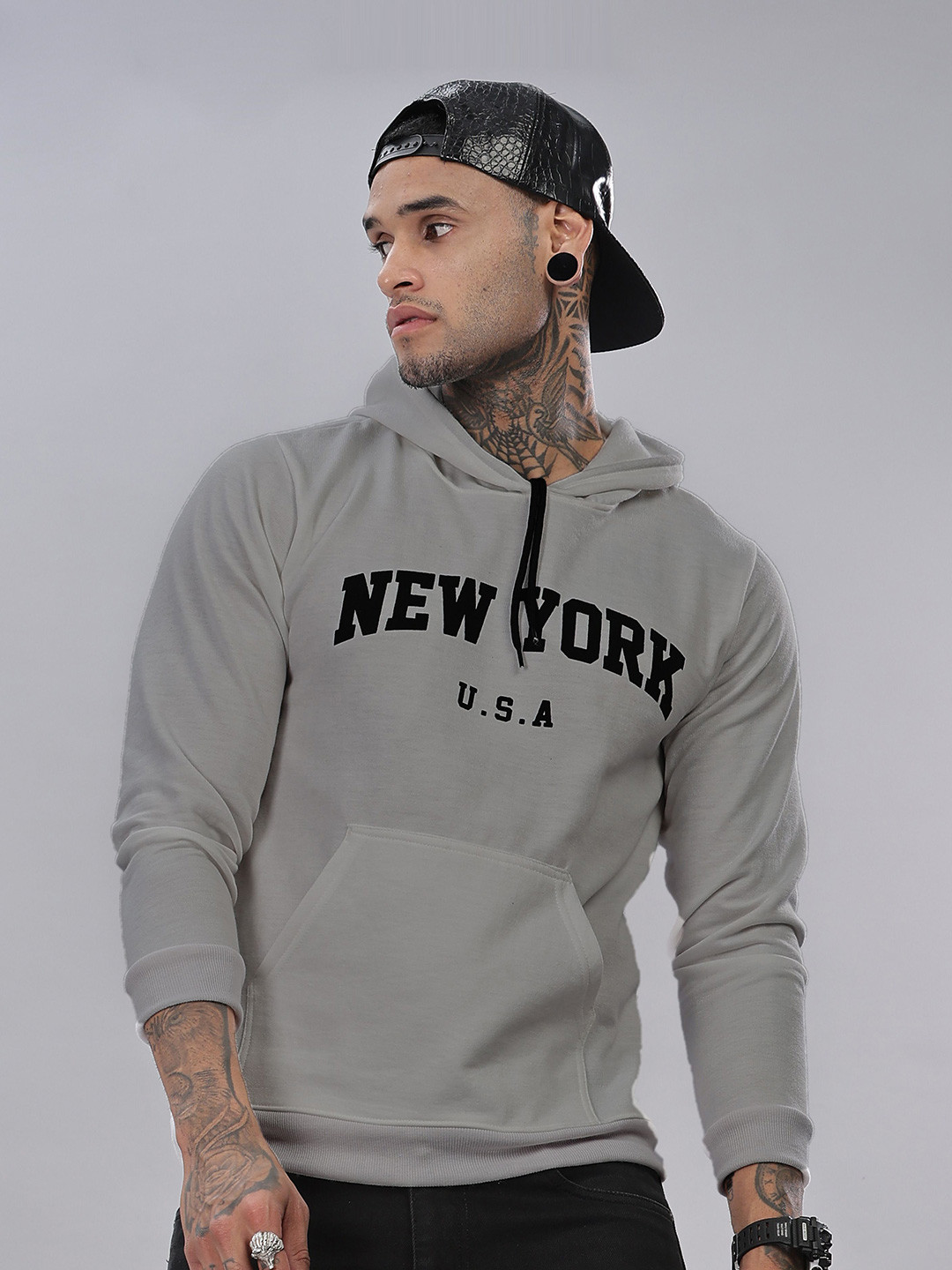 

STI Men Alphanumeric Printed Hooded Sweatshirt, Grey