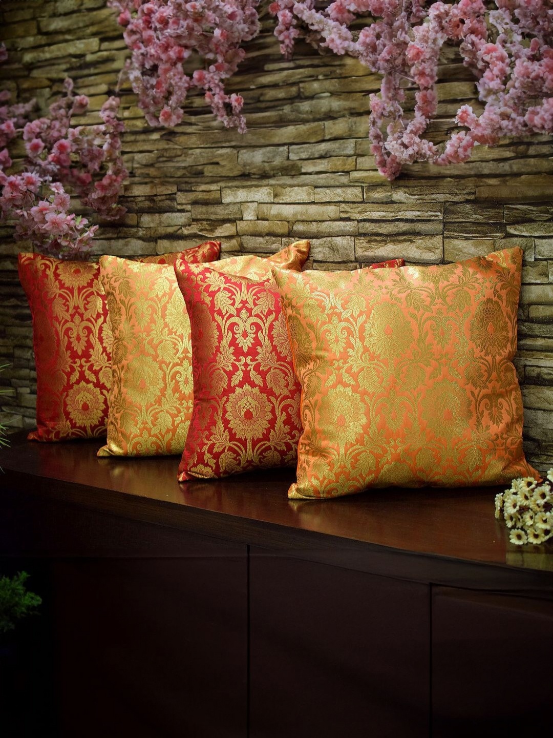 

RoyalDeco Red & Orange Colored 4 Pieces Embroidered Brocade Silk Square Cushion Covers