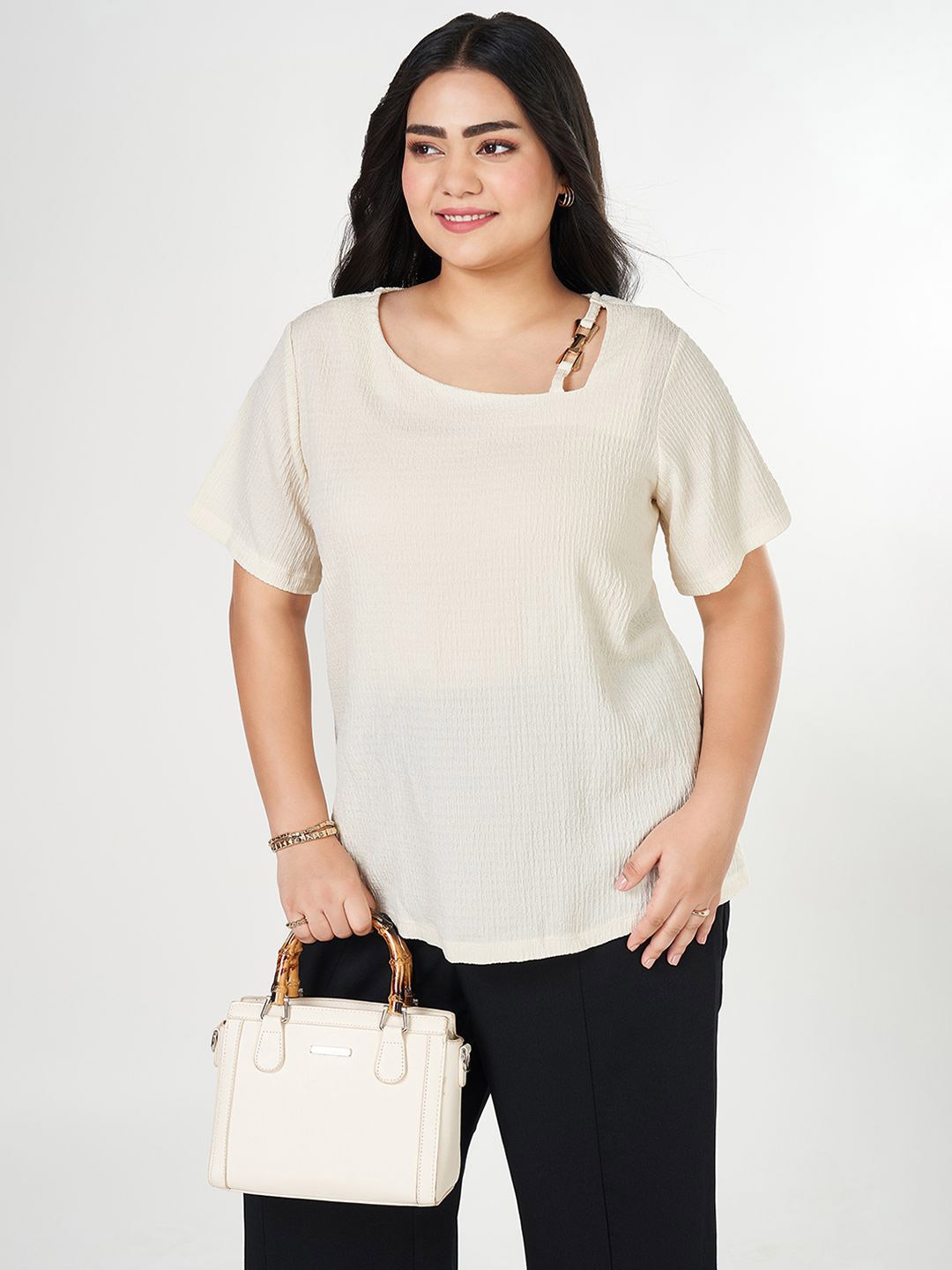 

Honey Curvytude by Pantaloons Women Round Neck Top, Cream
