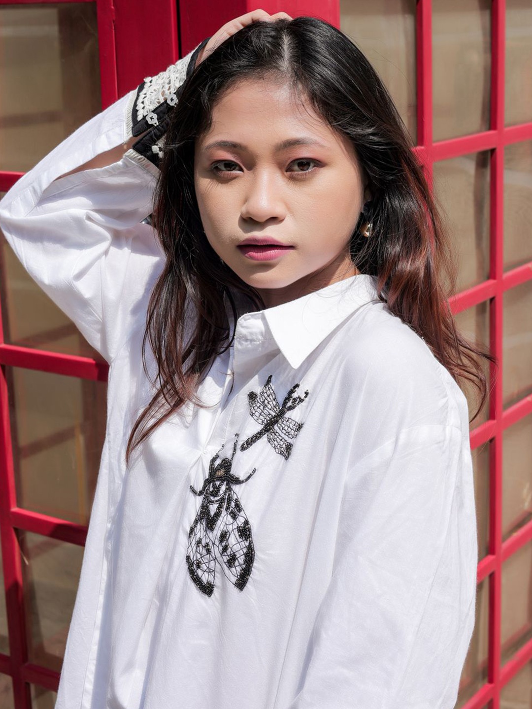 

Oskos Women Embroidered Pure Cotton Shirt Style Top, White