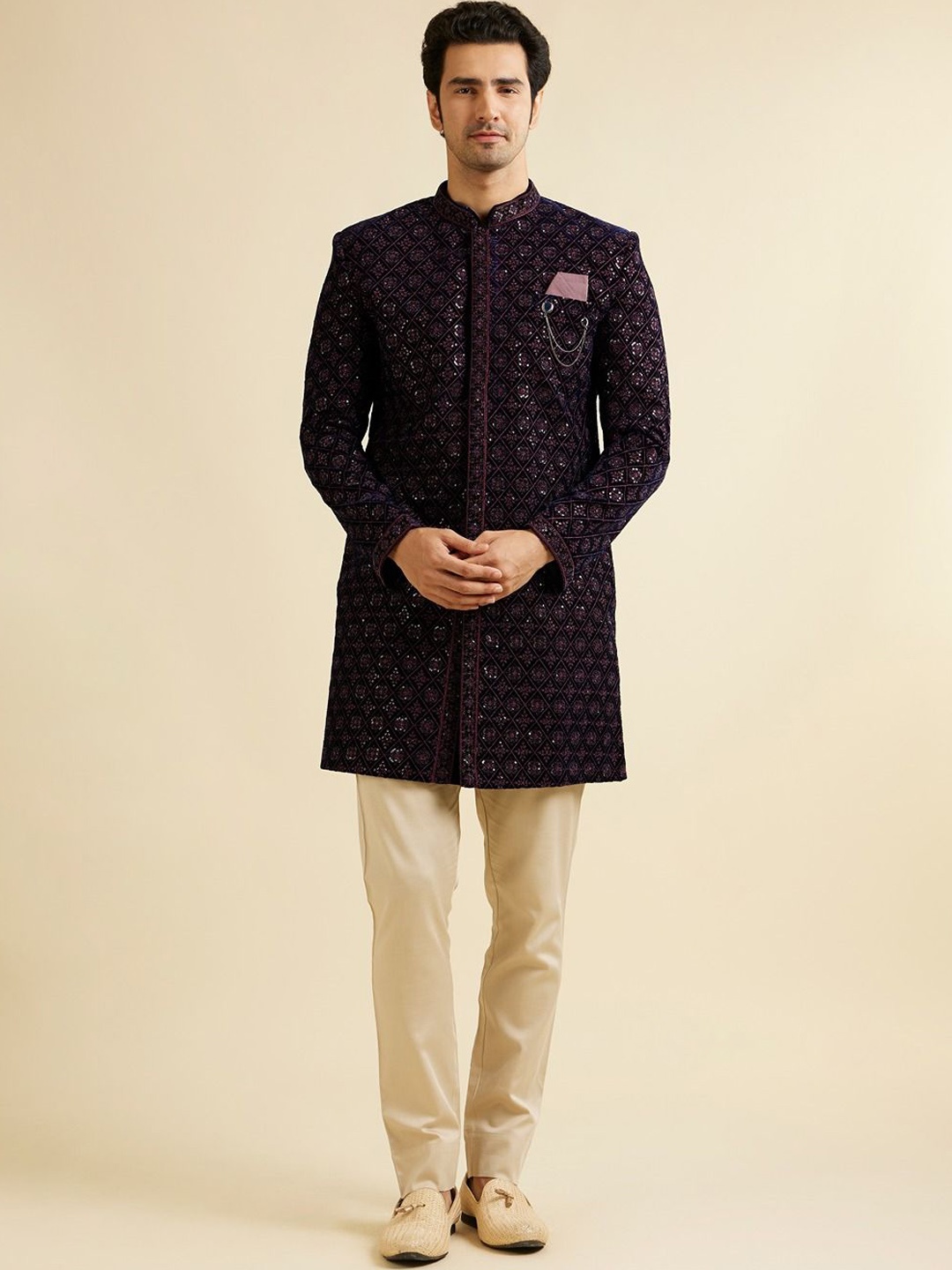

Manyavar Men Embroidered Sequin Work Sherwani Set, Blue