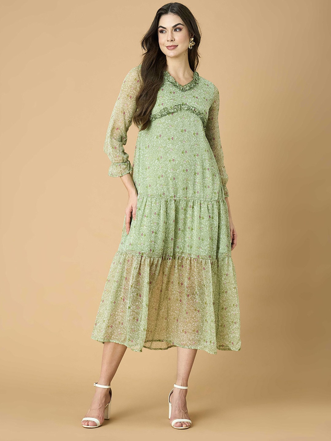 

DressBerry Women Floral Printed Tiered A-Line Maxi Dress With Ruffles, Green