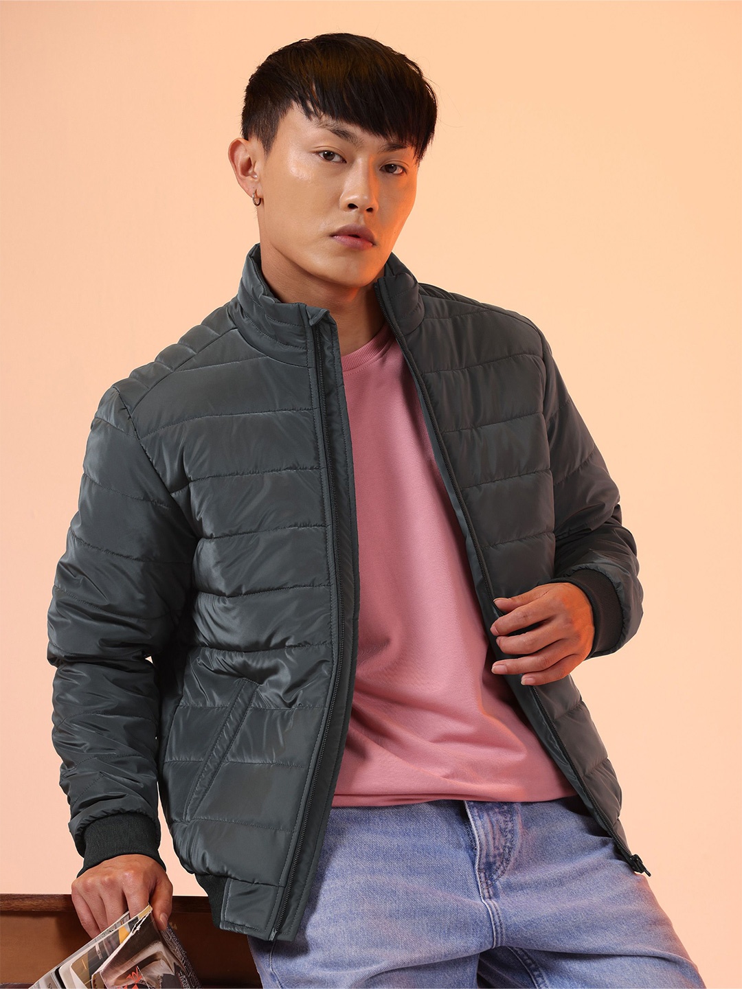 

Beyoung Men Mock Collar Solid Casual Padded Jacket, Charcoal